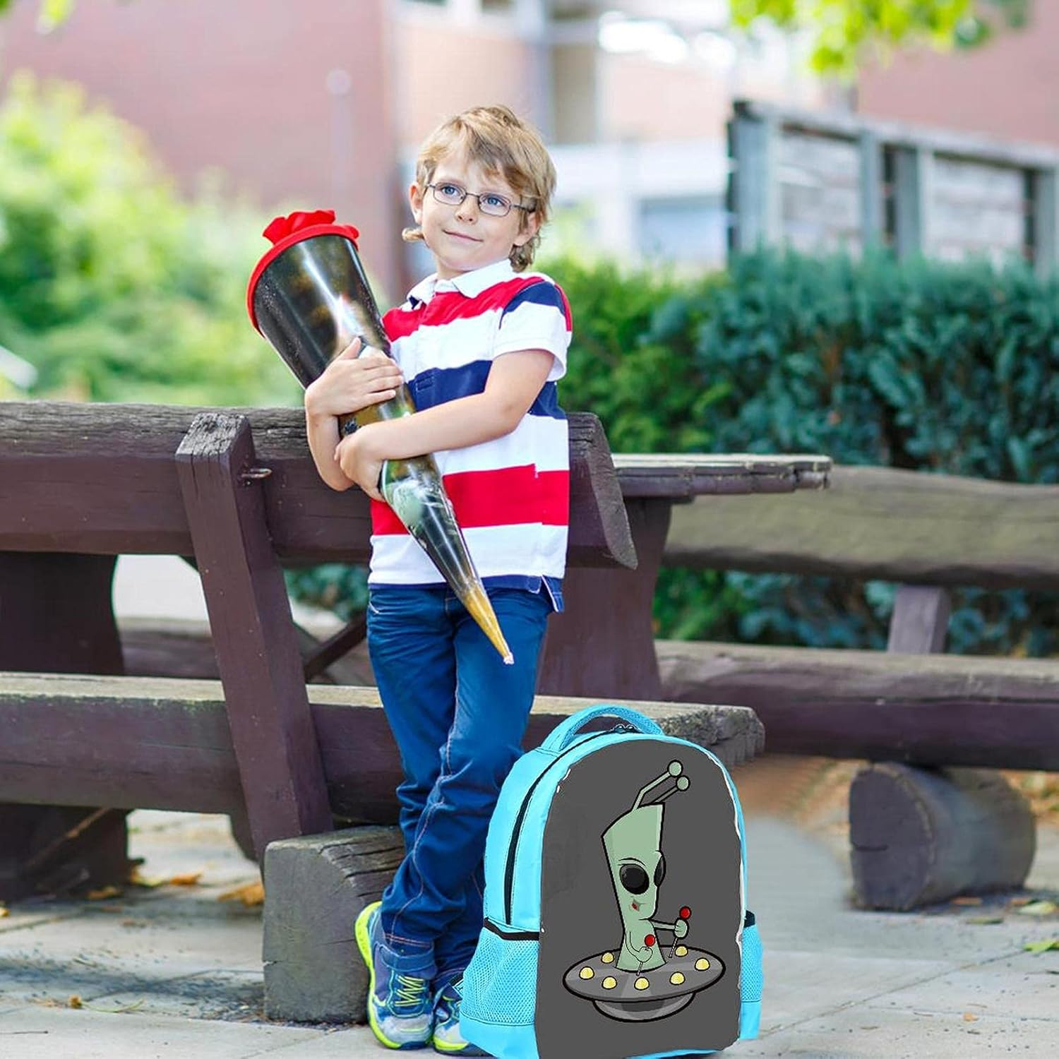 Blue Backpack Boy Bookbags Rucksack Men Travel Handbag Daypack Retro Funny Cartoon Alien image number 2