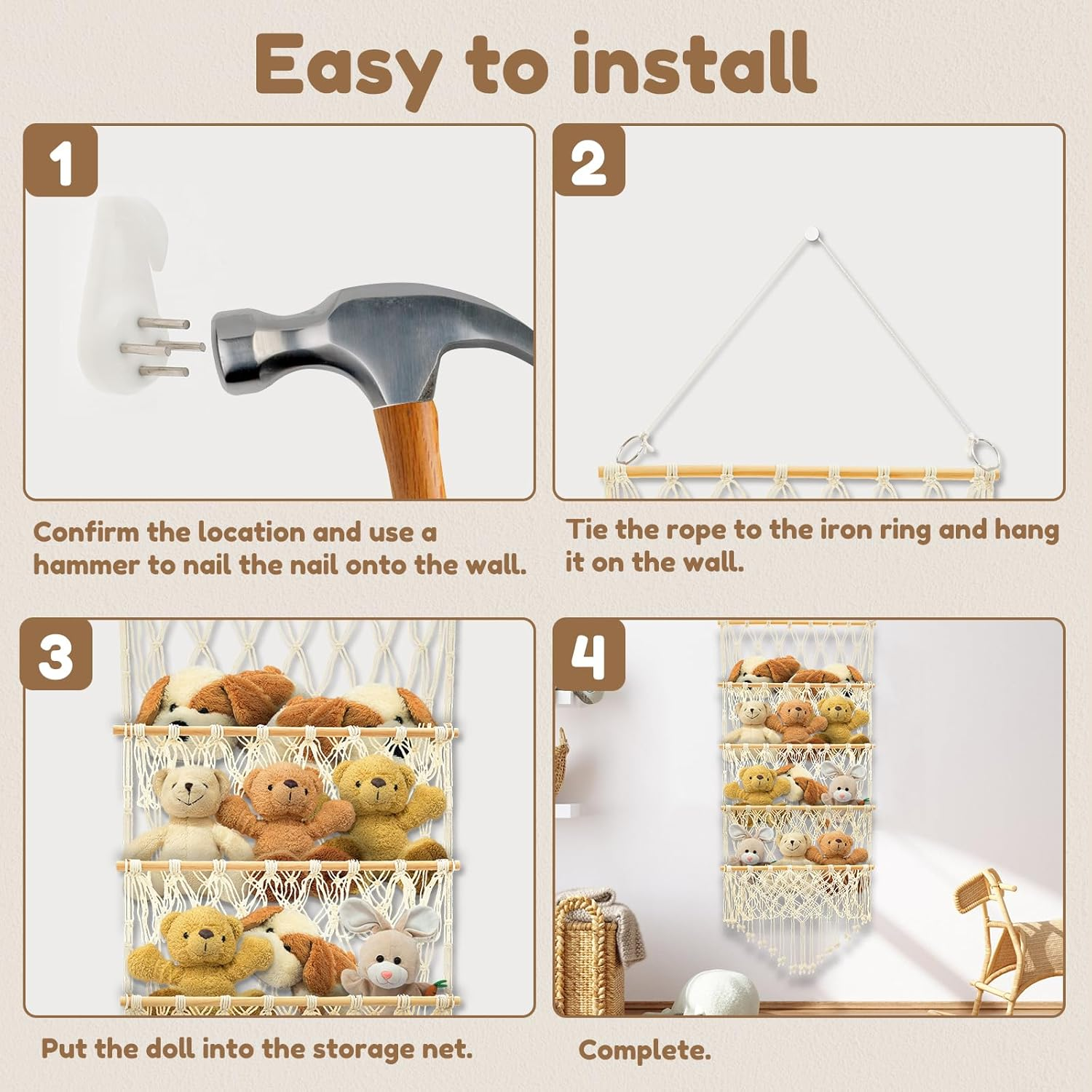 4-Layer Corner Stuffy Organizer for Kids - Nursery Hanging Storage for Toys, Large Stuffed Animals, Space-Saving, Large-Capacity Plush Toy Holder (Beige) image number 3