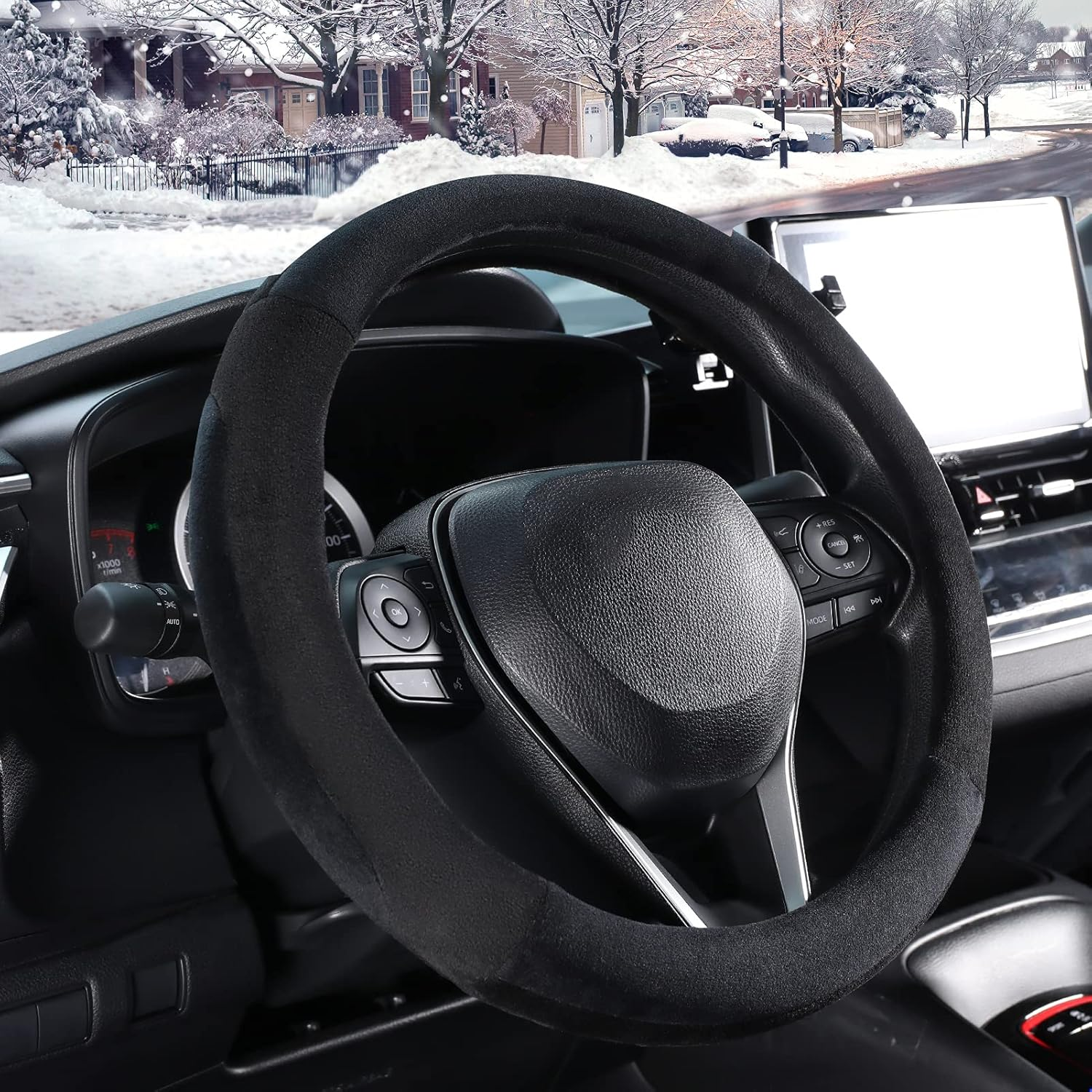 SEG Direct Black Plush Winter Auto Car Steering Wheel Cover Universal 15 Inch - Psychedelic Trip image number 7