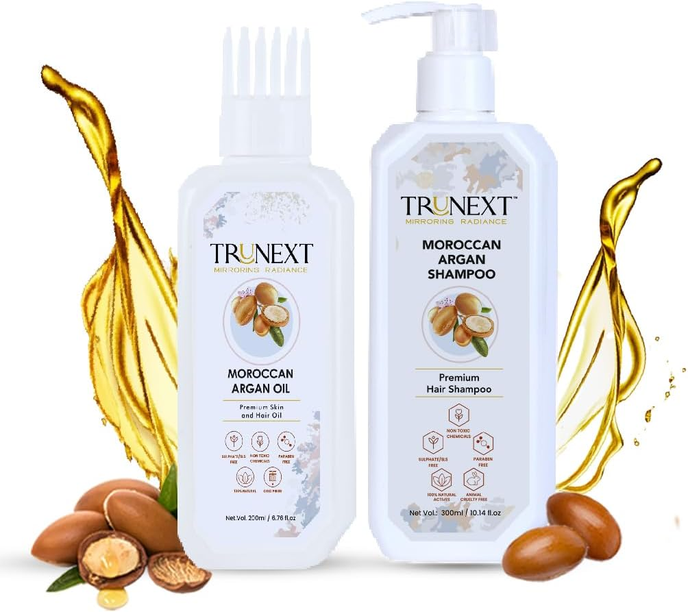 TRUNEXT MOROCCAN ARGAN OIL 200ML +ARGAN SHAMPOO 300ML- HAIR COMBO, HAIR CARE ROUTINE, HAIR SET, HAIR KIT