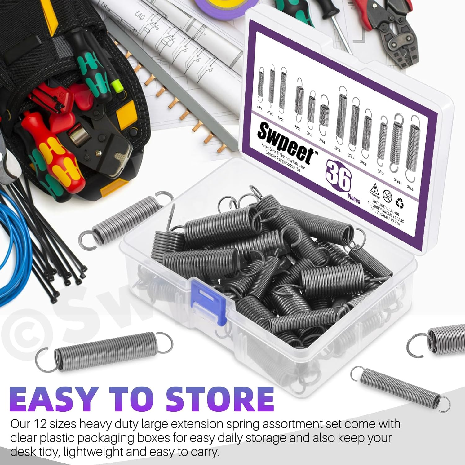 Swpeet 36Pcs 12 Different Sizes Carbon Steel Extension Spring Assortment Kit, Extended Tension Spring Wire Dia 0.039" 0.059" 0.078" 0.1", OD 0.39" 0.59" 0.78", Length 1.18" 1.57" 1.96" 2.36" image number 5