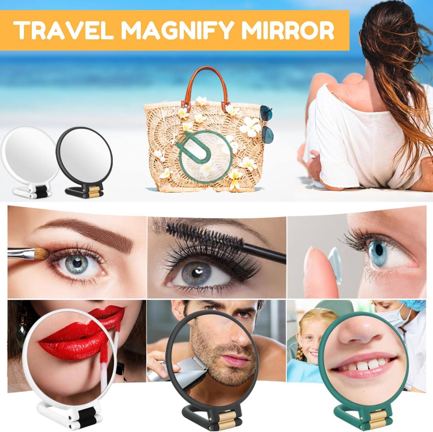 30X Magnifying Mirror, Travel Hand Mirror with Handle &ndash; Double-Sided Handheld Mirror with 1X & 30X Magnification, Adjustable Handle/Stand, Foldable Travel Mirror for Makeup (Black) image number 2