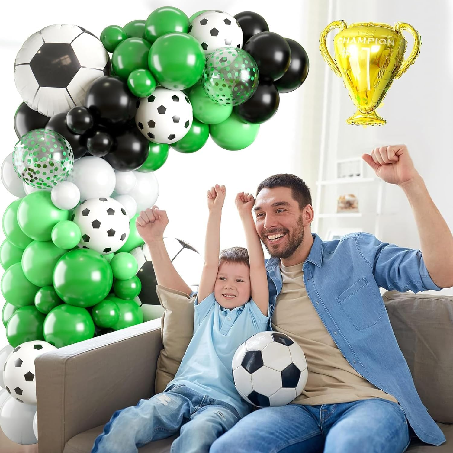 Soccer Balloon Arch Garland Kit 121 Pcs, Green Black White Confetti Balloons Decorations with Soccer Champion Cup Foil Balloons for Men Teen Kids Soccer Football Theme Birthday Party Decor Supplies image number 1