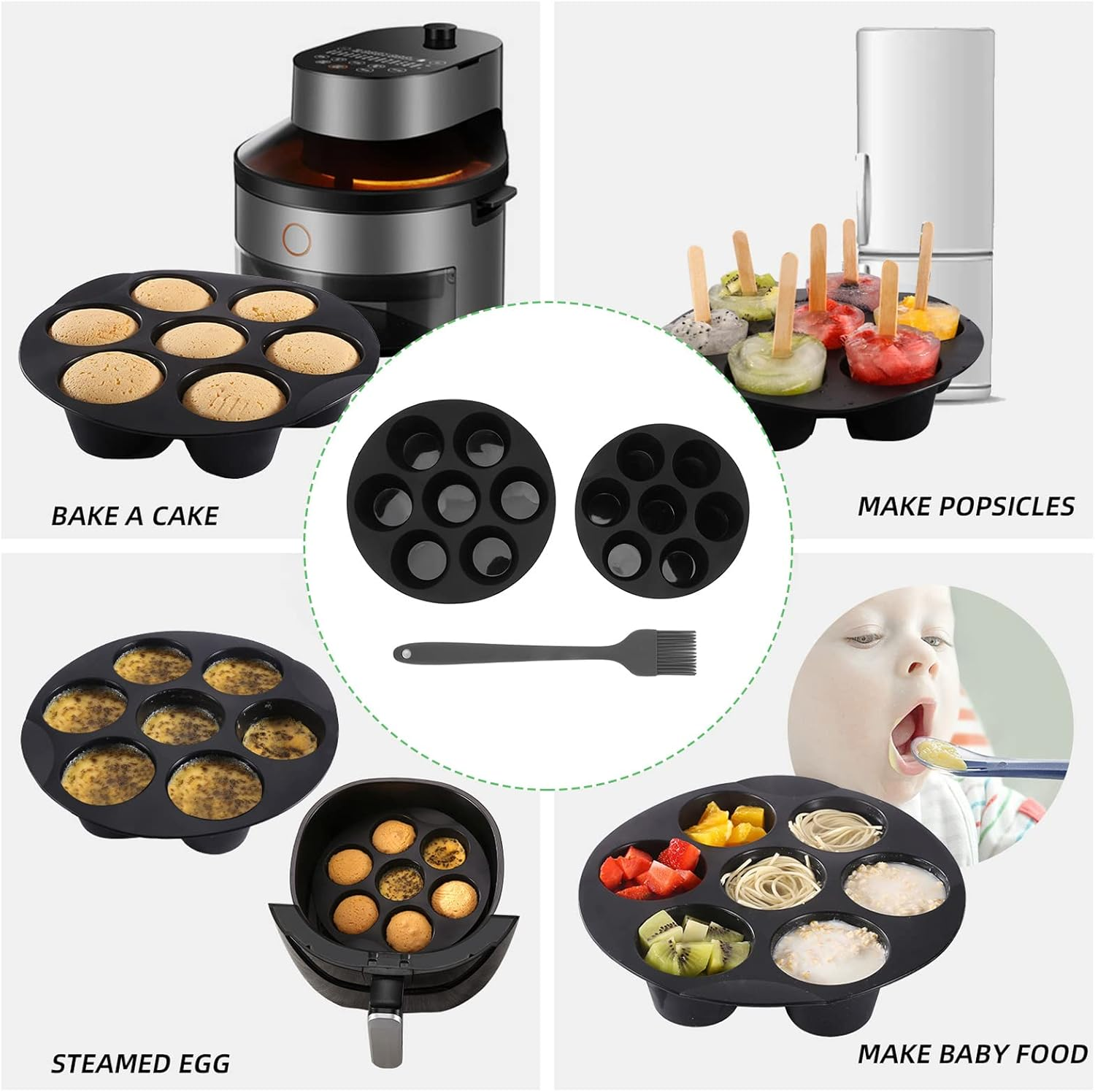 Muffin Pan, Set of 3 Flexible Silicone Muffin Pan Cupcake Tray, 7 Cup Baking Pan Air Fryer Accessories, 2 Sizes Nonstick Brownie Cake, Dishwasher Safe, (7In + 8In + Brush) image number 1