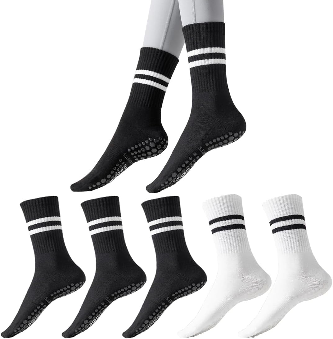 5 Pairs Grip Pilates Socks for Women, Non Slip Yoga Athletic Long Crew Socks for Barre Ballet Gym Workout