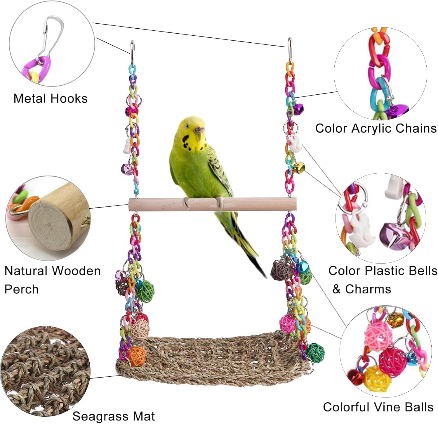 Cozioz Cozioz Bird Swing Toy with Wooden Perch &ndash; Seagrass Woven Parrot Platform, Hanging Hammock & Chewing Toy &ndash; Ideal for Parakeets, Budgies, Conures, Cockatiels & Lovebirds image number 1