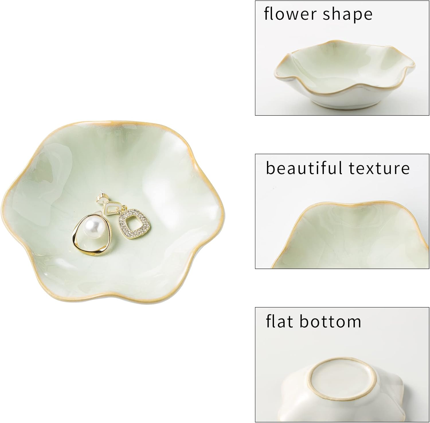 Jewelry Dish Tray, Ring Dish, Ceramic Trinket Tray, Key Bowl, Decorative Plate, Gifts for Friends Sisters Daughter Mother(Light Green) (JS202) image number 2