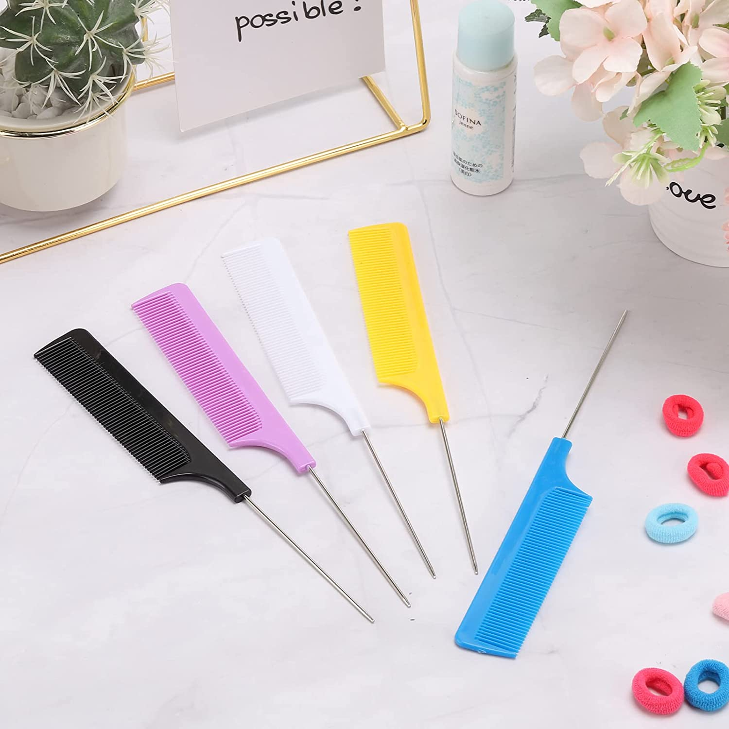 5 Pieces Rat Tail Comb Steel Pin Rat Tail Carbon Fiber Heat Resistant Teasing Combs with Stainless Steel Pintail image number 6