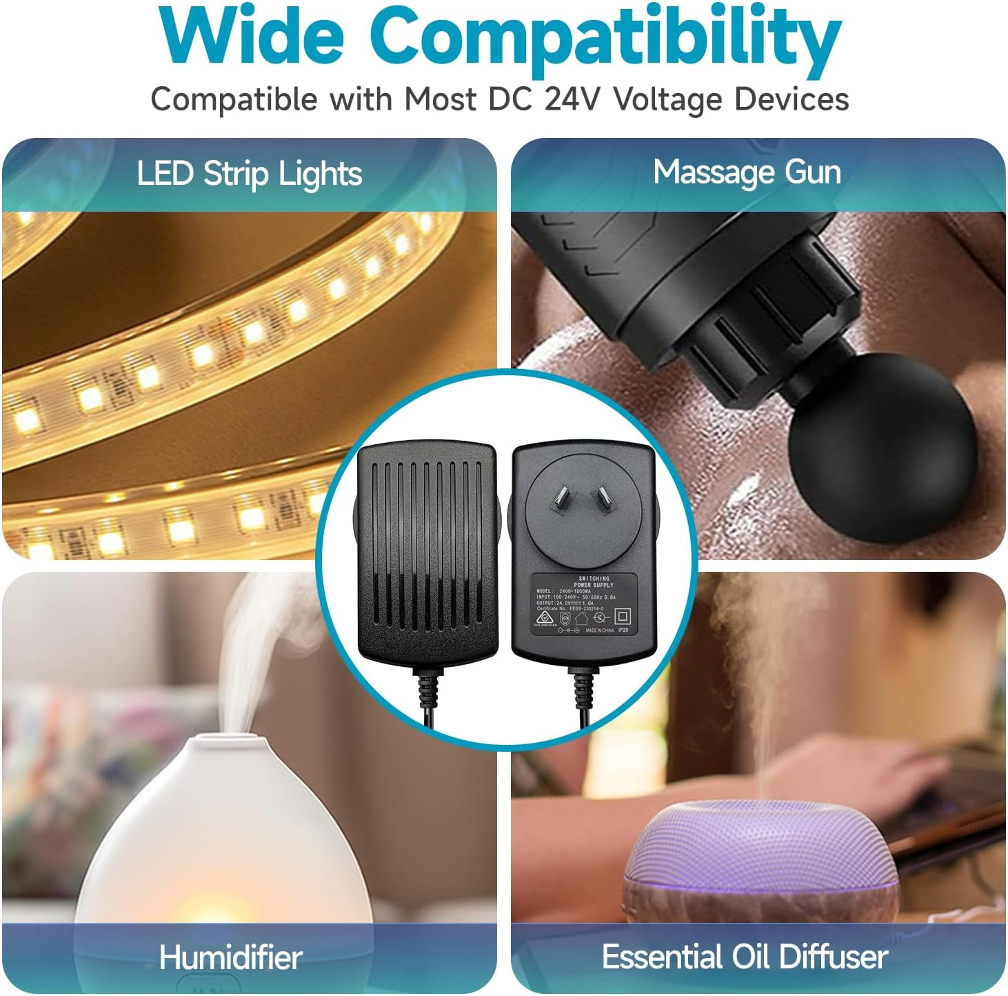 24V 1A 24W 1.8M Long Power Supply Adapter, AC DC Switching Adapter (Input 100-240V, Output 24Volt 1Amp 1000Ma), DC 24V 5.5X2.1Mm Wall Mount Transformer Charger Plug, SAA Certified - 24V1A+8Tips image number 2