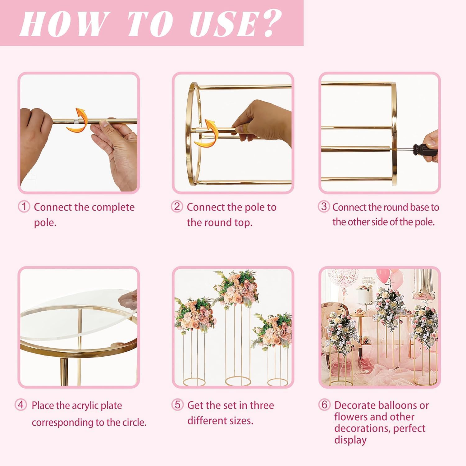 Metal Cylinder Pedestal Stand for Party, Cilindros Para Decoraciones De Fiestas, round Cake Pedestal Tables for Wedding Display, Event Decor with Floral Plant, Birthday Backdrop- Gold image number 4