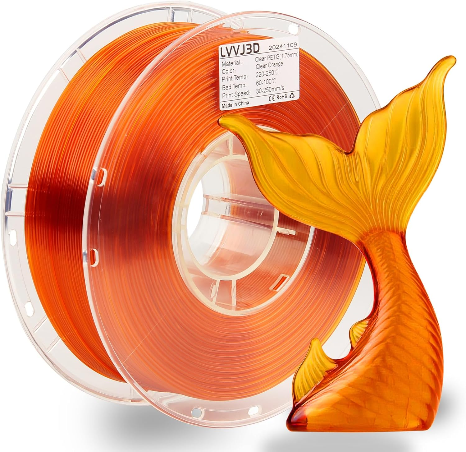 LVVJ3D Transparent Clear PETG 3D Printer Filament, Easy to Print Clear Orange PETG Filament 1.75Mm, Clean Wound Dimensional Accuracy +/-0.03Mm, 1Kg/Spool