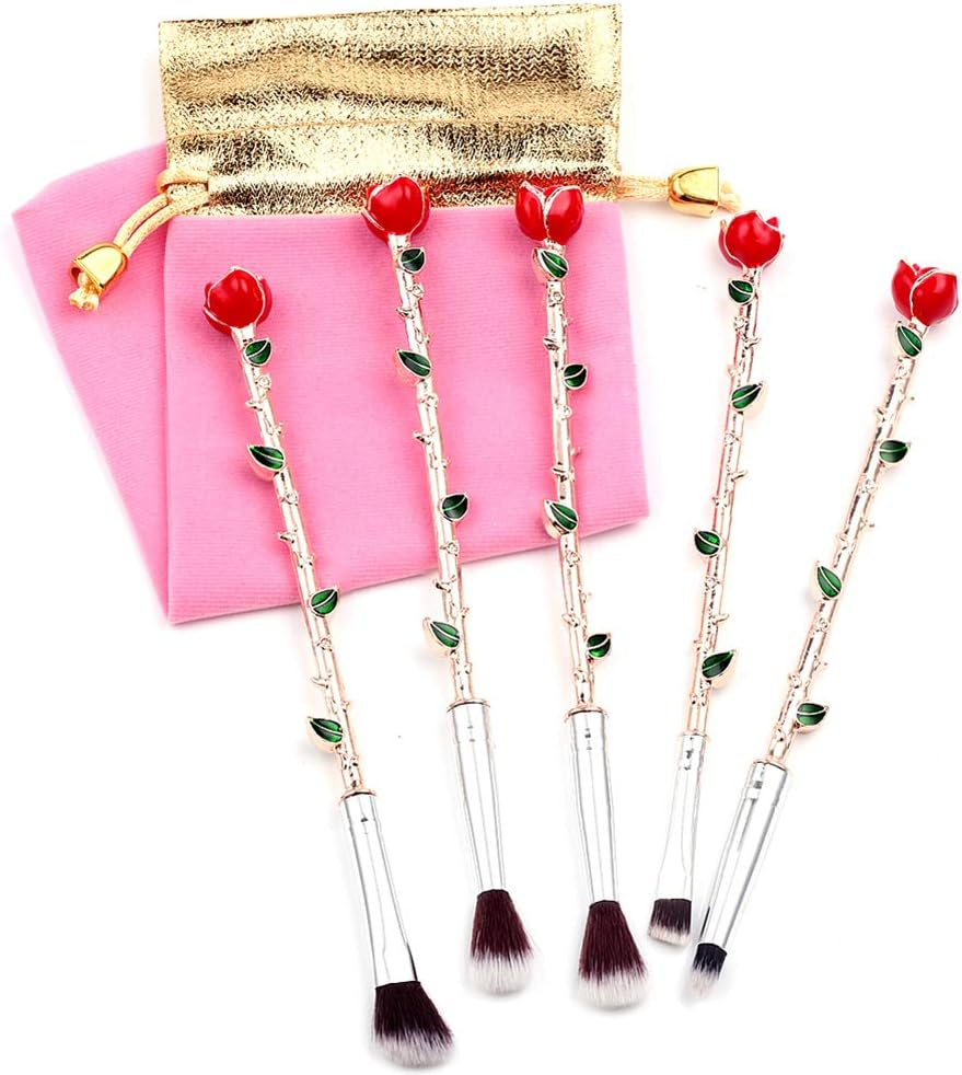 Rongji Jewelry Rose Gold 5Pcs Wand Makeup Brush Set - Synthetic Fiber, Metallic Handle - Eyebrow, Eyeshadow, Foundation, Blending, Lips - Great Gift - Gold image number 2