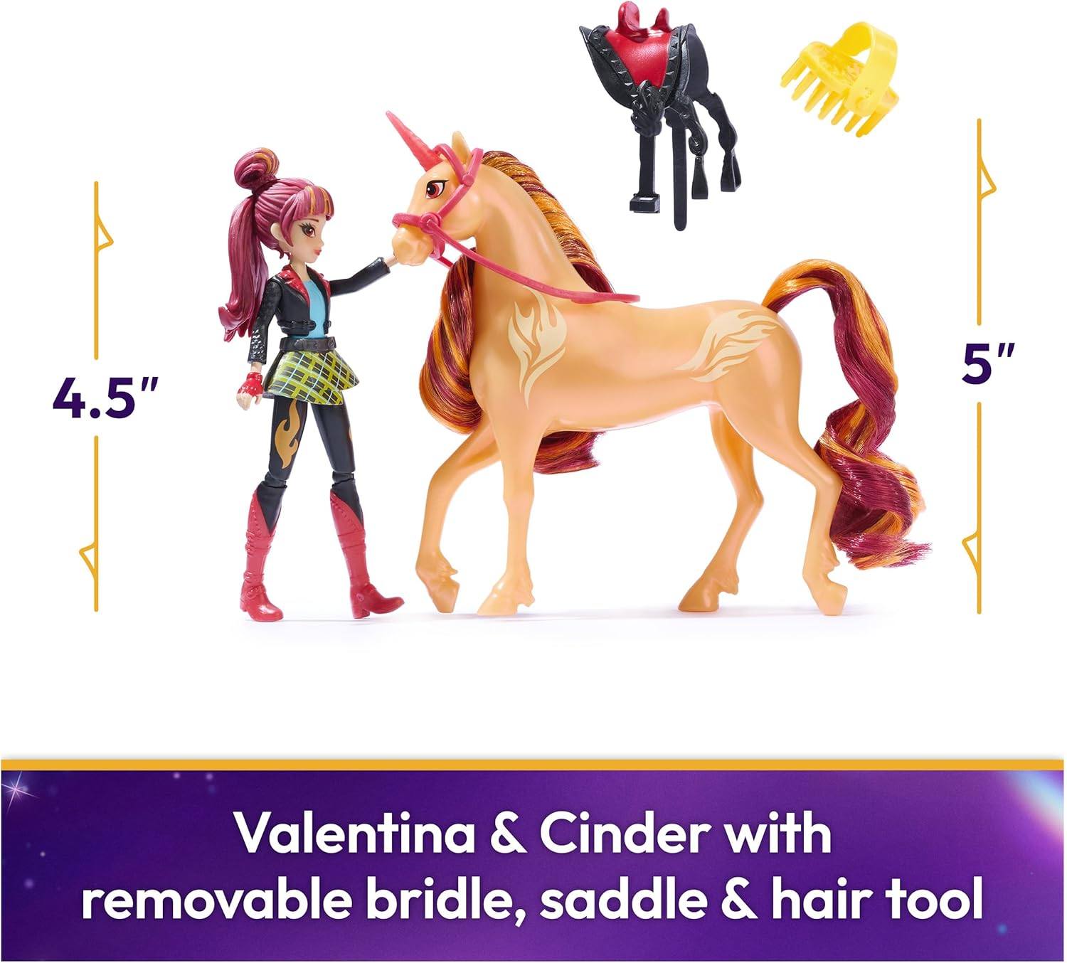 Unicorn Academy, Valentina & Cinder Set with 2 Riding Accessories and Hair Styling Tool, Dolls and Unicorn Toys for Girls Aged 4 and Up image number 4