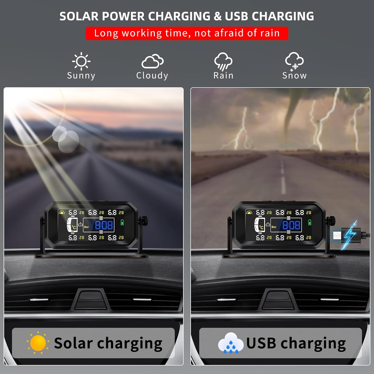 Tyre Pressure Monitoring System, Wireless Solar TPMS with 6 External Sensors, Real-Time Monitoring Pressure &Temperature, Auto Sleep Mode, Tire Pressure Sensors for RV Trailer Truck Pickup(0-144 PSI) image number 4