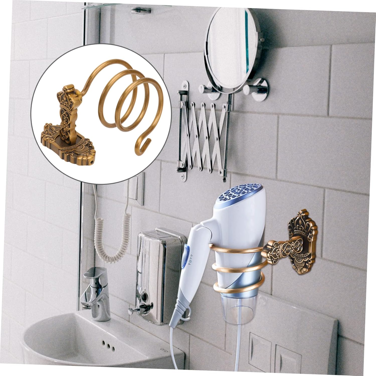 TOVINANNA Retro Space Aluminum Hair Dryer Holder European Style Wall-Mounted Hair Dryer Rack Vintage Crown Design for Bathroom Storage image number 5