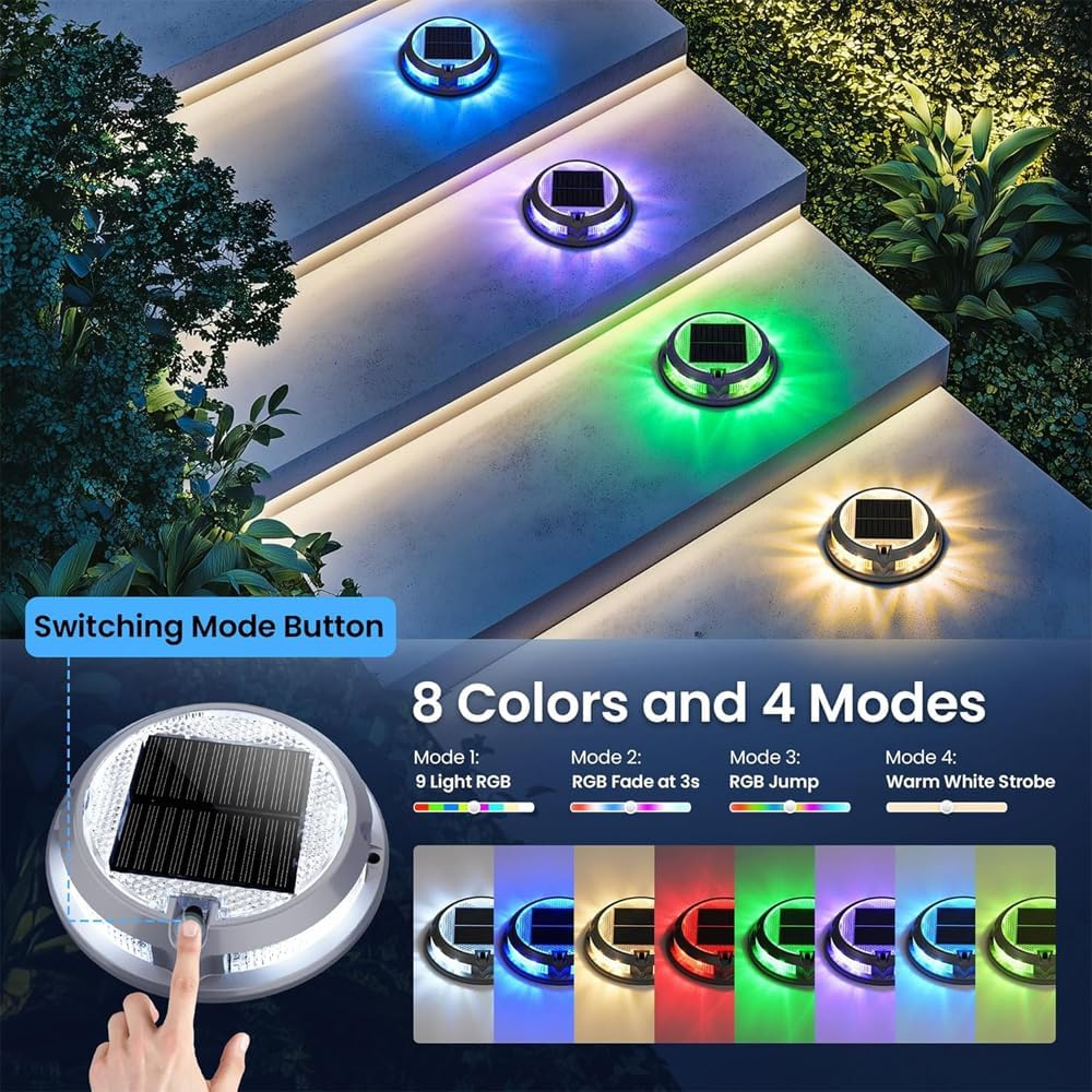 Aluminum Alloy Solar Driveway Lights, IP68 Solar Deck Light Marine Dock Lights Outdoor Waterproof 4 Modes, Multicolor LED Driveway Markers Garden Light for Walkway, Path Decor (2 Pack) image number 3