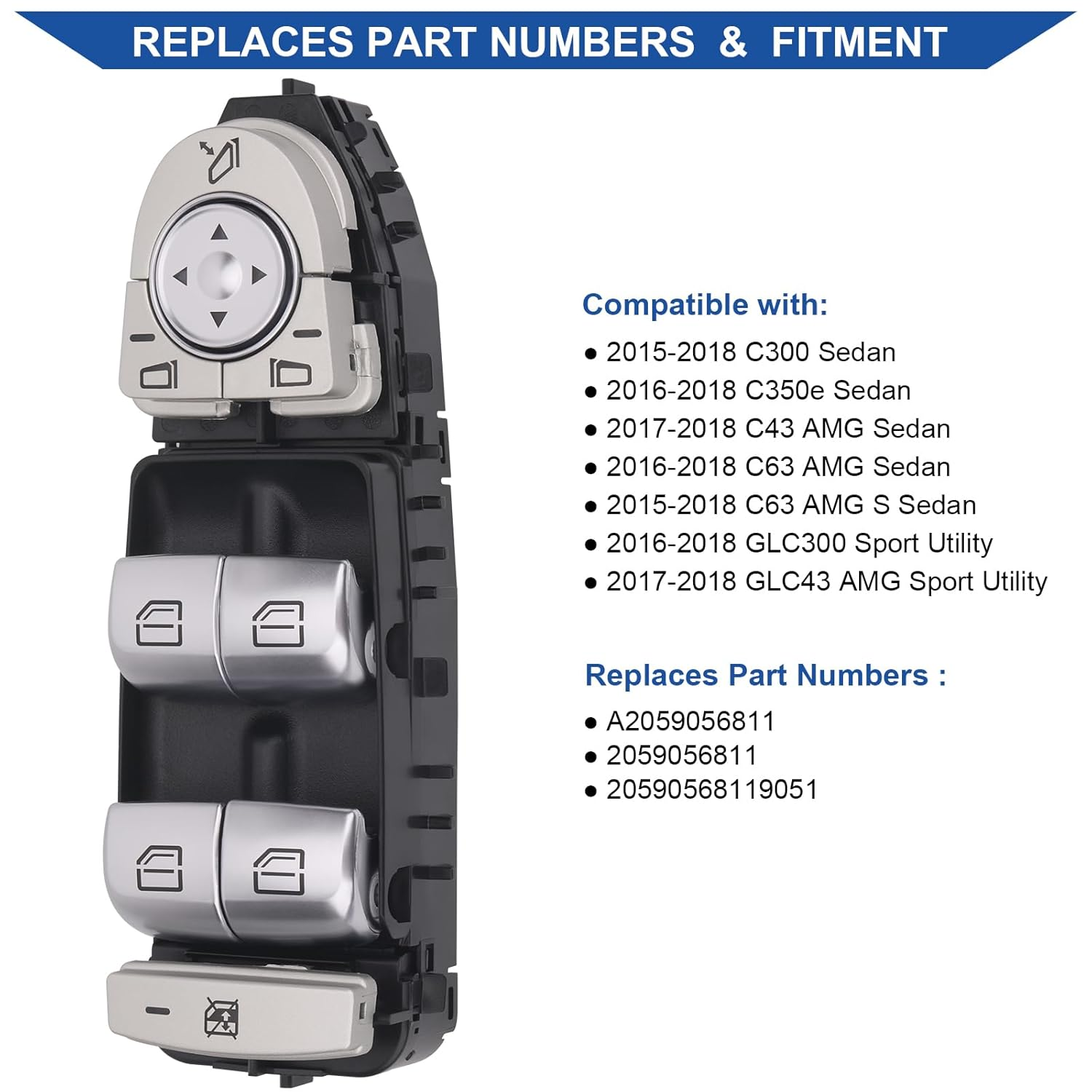 Obaee Master Power Window Switch Front Driver Side Compatible with Mercedes-Benz C300, C350E, C43 AMG, C63 AMG, C63 AMG S, GLC300, GLC43 AMG 2015-2018, Replace A2059056811, 2059056811, Black-Color image number 3