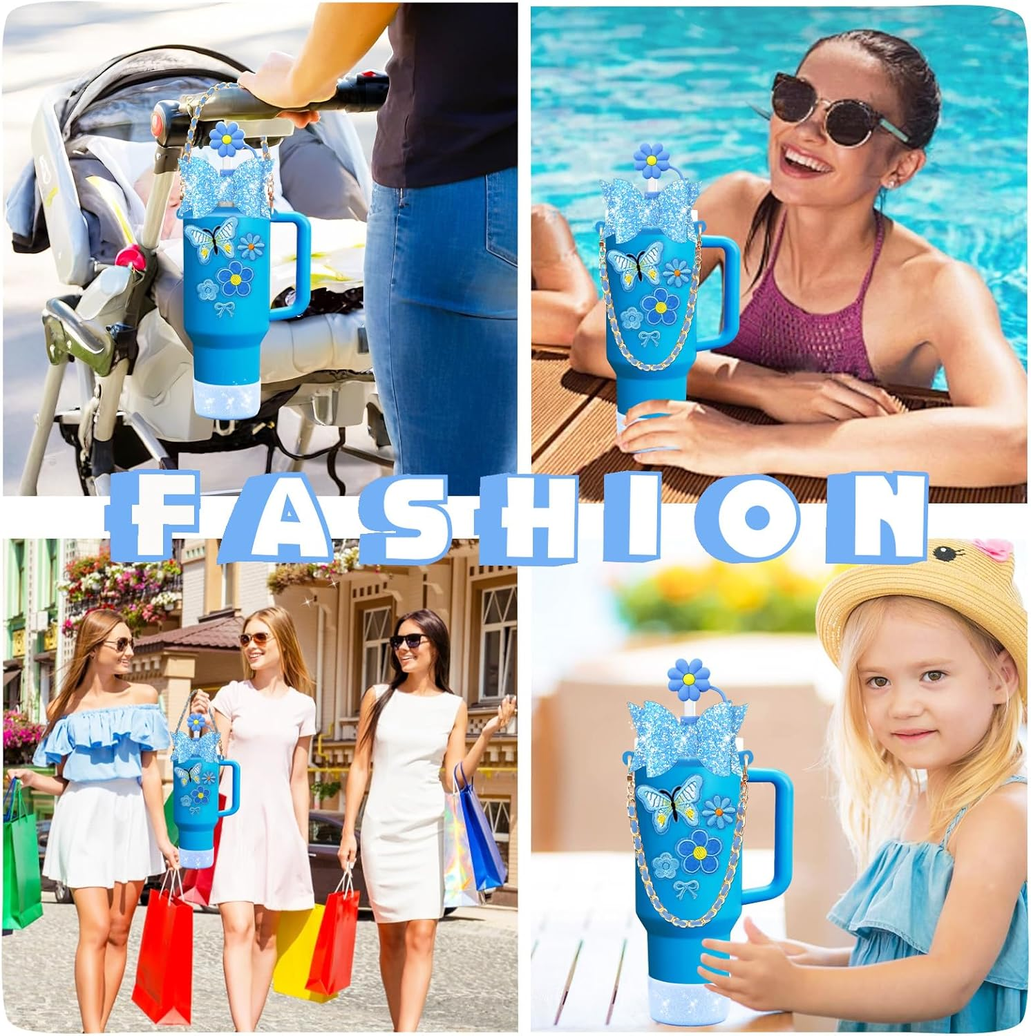 12PCS Bling Stanley Cup Accessories for 30Oz & 40Oz Tumbler with Handle,Including Leather Handle Strap,Straw Bow Decorate,Straw Topper Cover,Boot,Spill Proof Stoppers,Sticker (Blue) image number 6