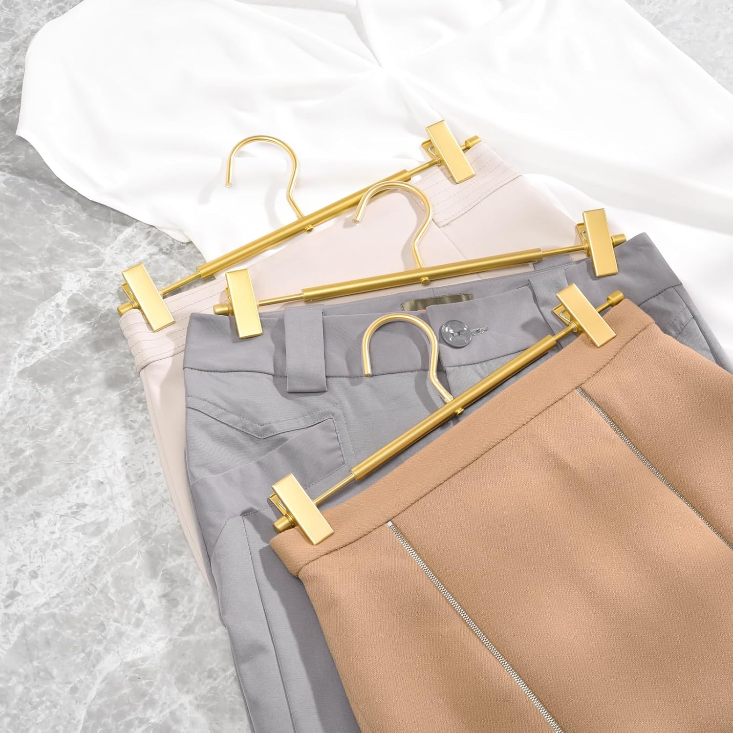 Amber Home Premium Matte Gold Aluminum Pants Hangers 10 Pack, 12.2&rdquo; Extra Smooth & Durable Metal Skirt Slack Hanger, Light & Sturdy Metal Rack for Trouser with 2-Adjustable Non Slip Clips Swivel Hook image number 3
