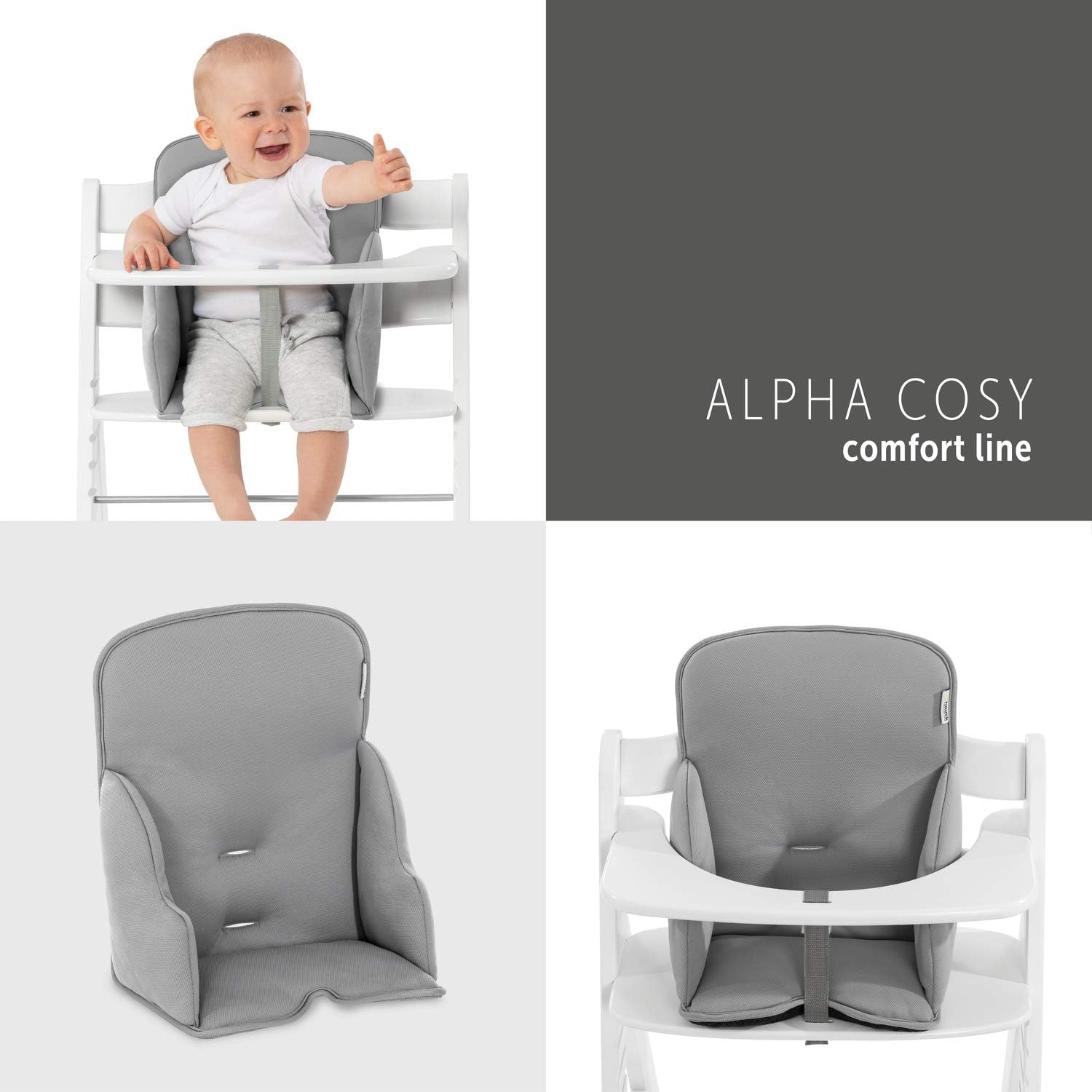 Hauck Alpha Cosy, Stretch Grey - Seat Reducer Cushion for Alpha+ Wooden Highchair, Supportive Seat Pad for Toddlers 6 Months+, Soft Fabric, Machine Washable, anti Slip image number 4