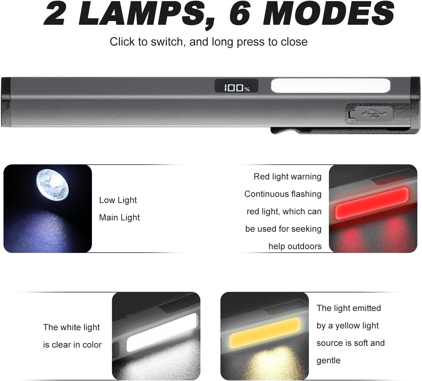 Calenxy Pack of 2 LED Pen Lamp with Magnet, COB Work Light, Rechargeable, 6 Modes, Portable Inspection Lights with Magnetic Clip for Emergencies, Repairs and Outdoor Lighting image number 1