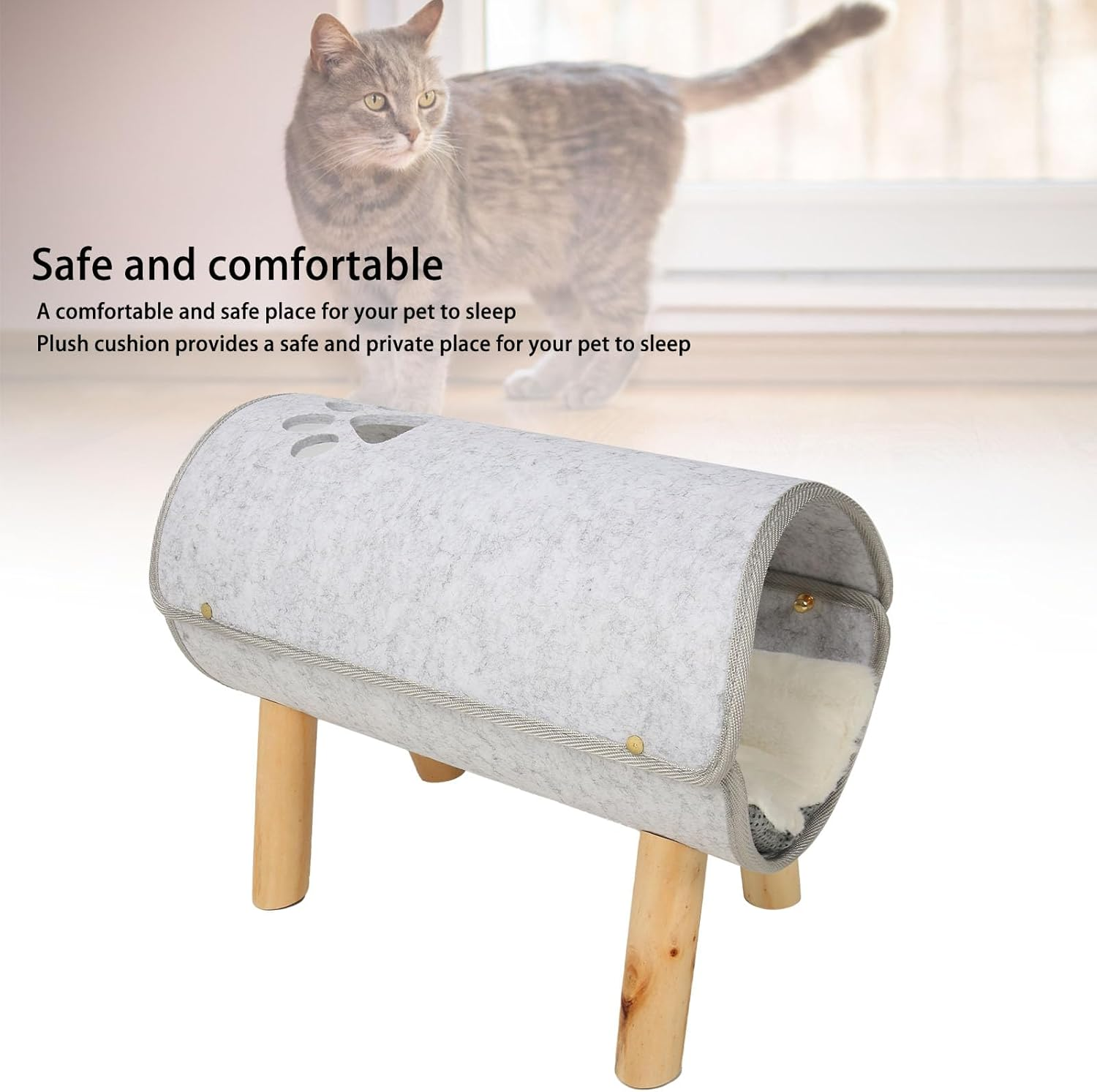Cat Tunnel Bed, Pet Felt Tunnel Bed, Nonslip Design, Soft Comfortable, with Wooden Legs, with Plush Cushion for All Seasons, for Small Dogs Cats, 6.9X14.2X9.8In image number 2