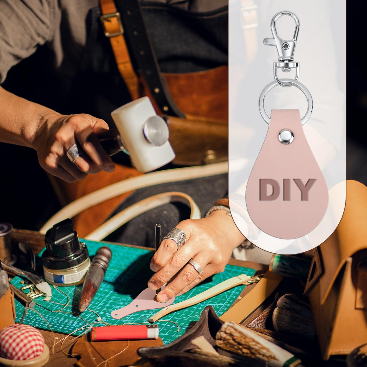 Gosknor 20Pcs Leather Keychain Kit, PU Leather Keychain Blanks with Lobster Clasps and Key Rings, Beige image number 6