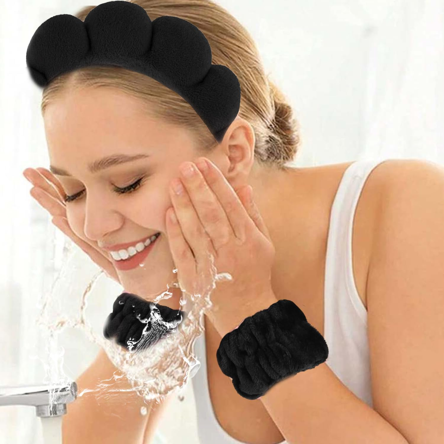Skin Care Headband Bracelets for Face Wash Set Soft Sponge Makeup Spa Headband Hair Band Face Wash Headband Wash Face Bracelet Non-Slip Headband for Women and Girls (Black) image number 4