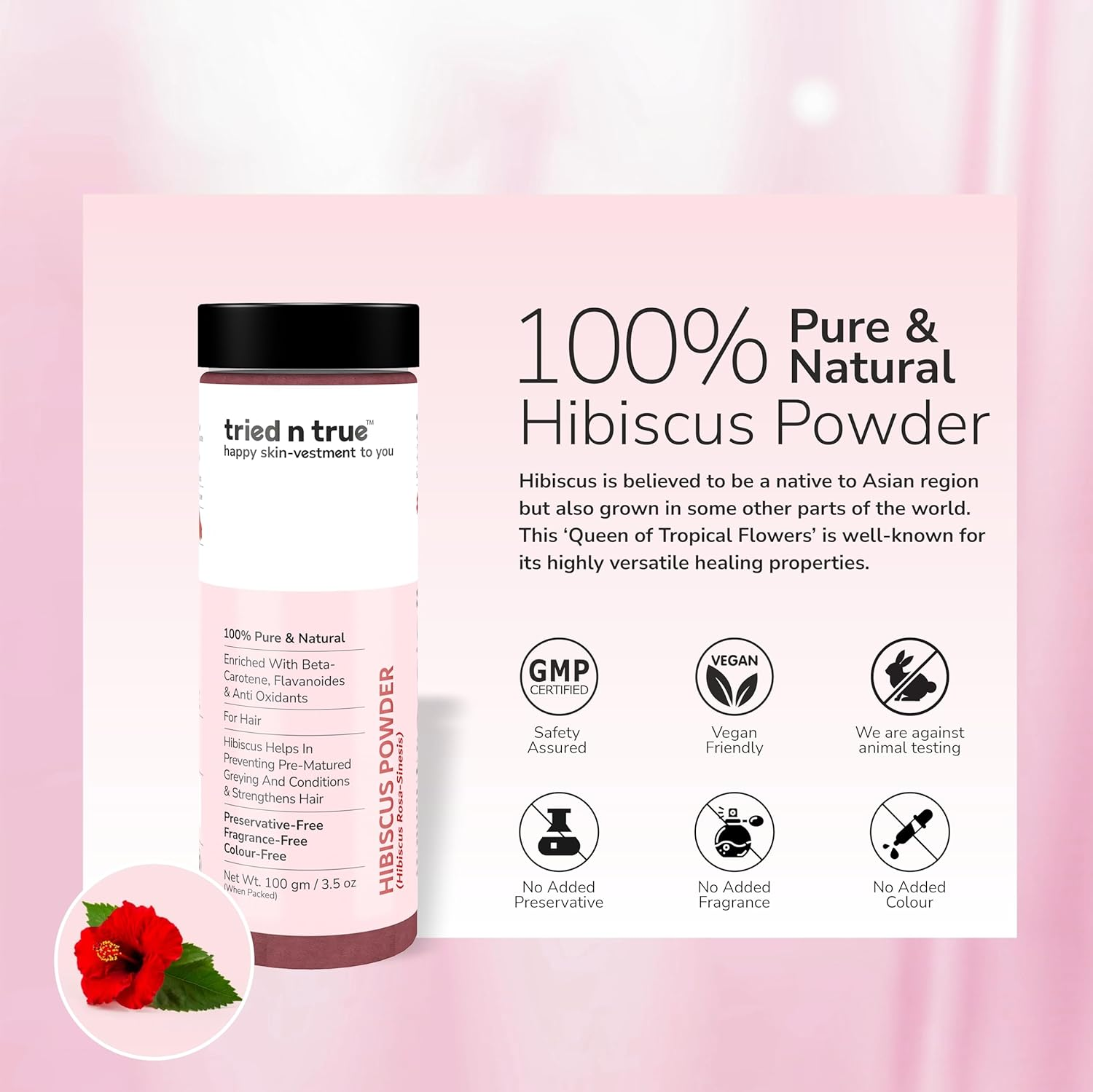 Tried N True Hibiscus Powder with No Added Preservative, Fragrance or Colour, Pure and Natural DIY Hair Mask for Silky and Smooth Hair- 100 Gm image number 2