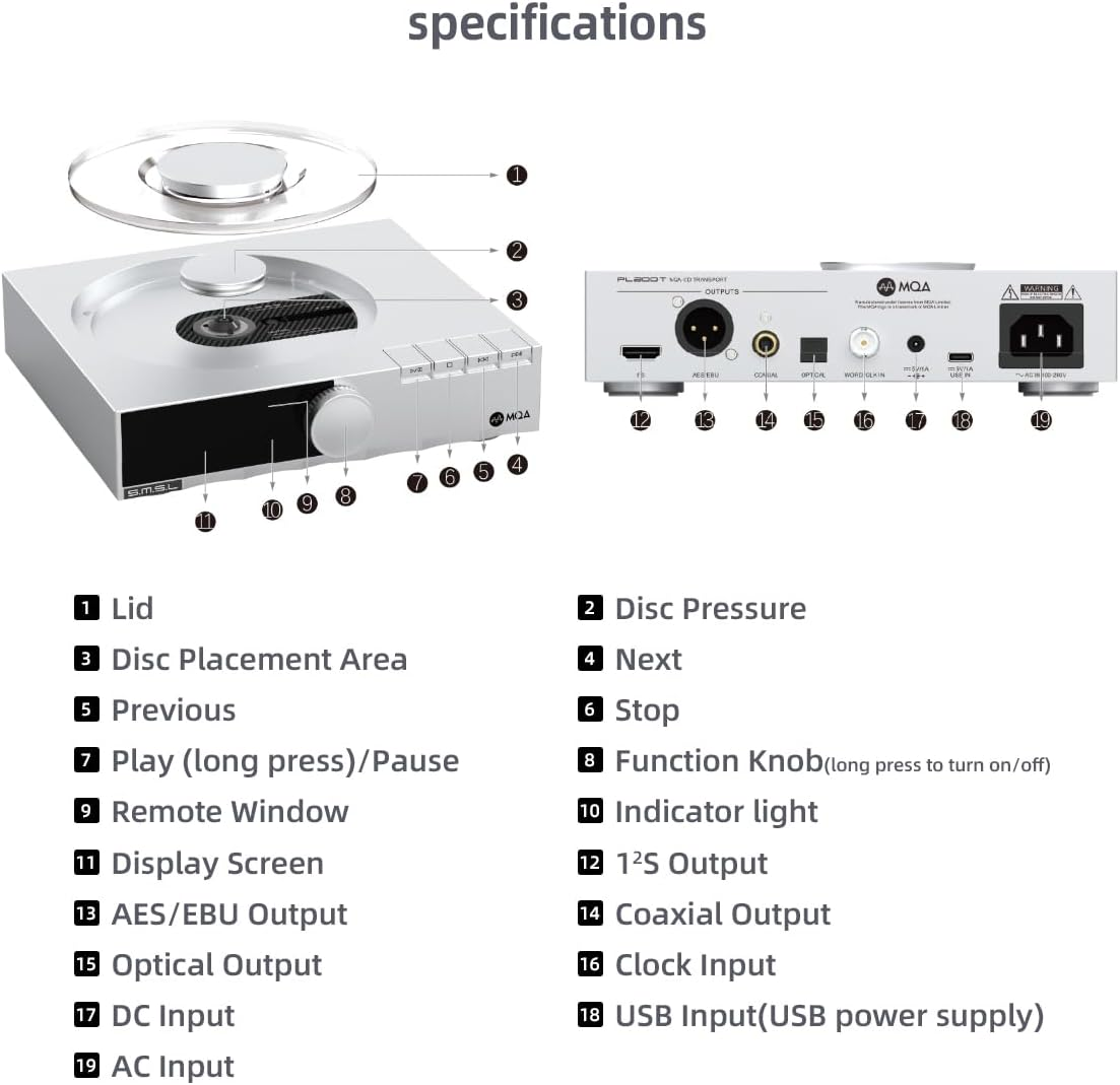 SMSL PL200T CD Player for Home, Usb/Clock Input Optical/Coaxial/Iis/Aes/Ebu Output Hifi MQA-CD Transport 32Bit/768Khz DSD512 P.A.S.S. System Desktop Audo Player image number 1