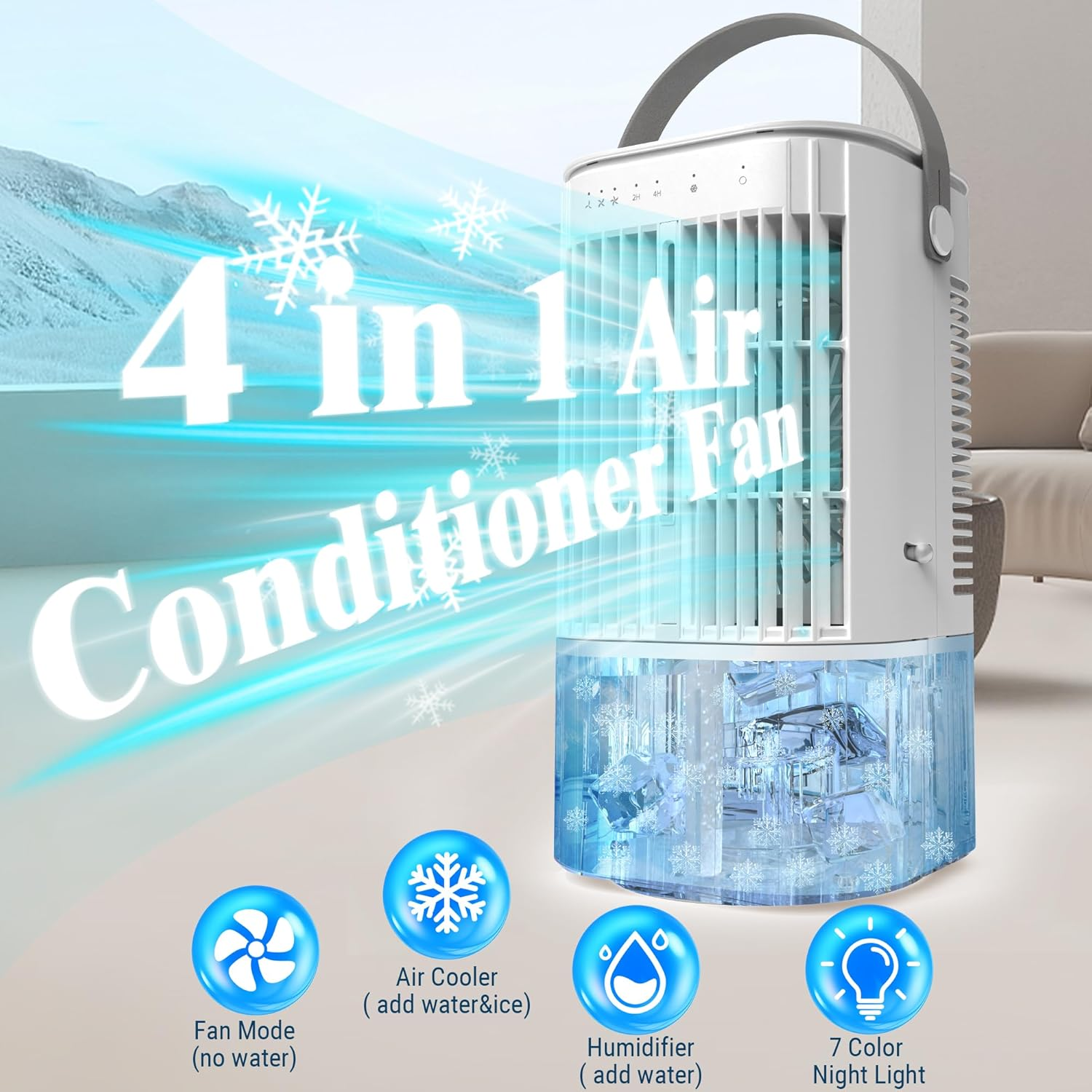 Portable Air Conditioner Fan,4-In-1 Portable Windowless Air Conditioners,3-Speed Evaporative Air Cooler with 7 Color Lights,Swamp Cooler with 1000ML Water Tank,Desktop Mini Cooler (White) image number 3