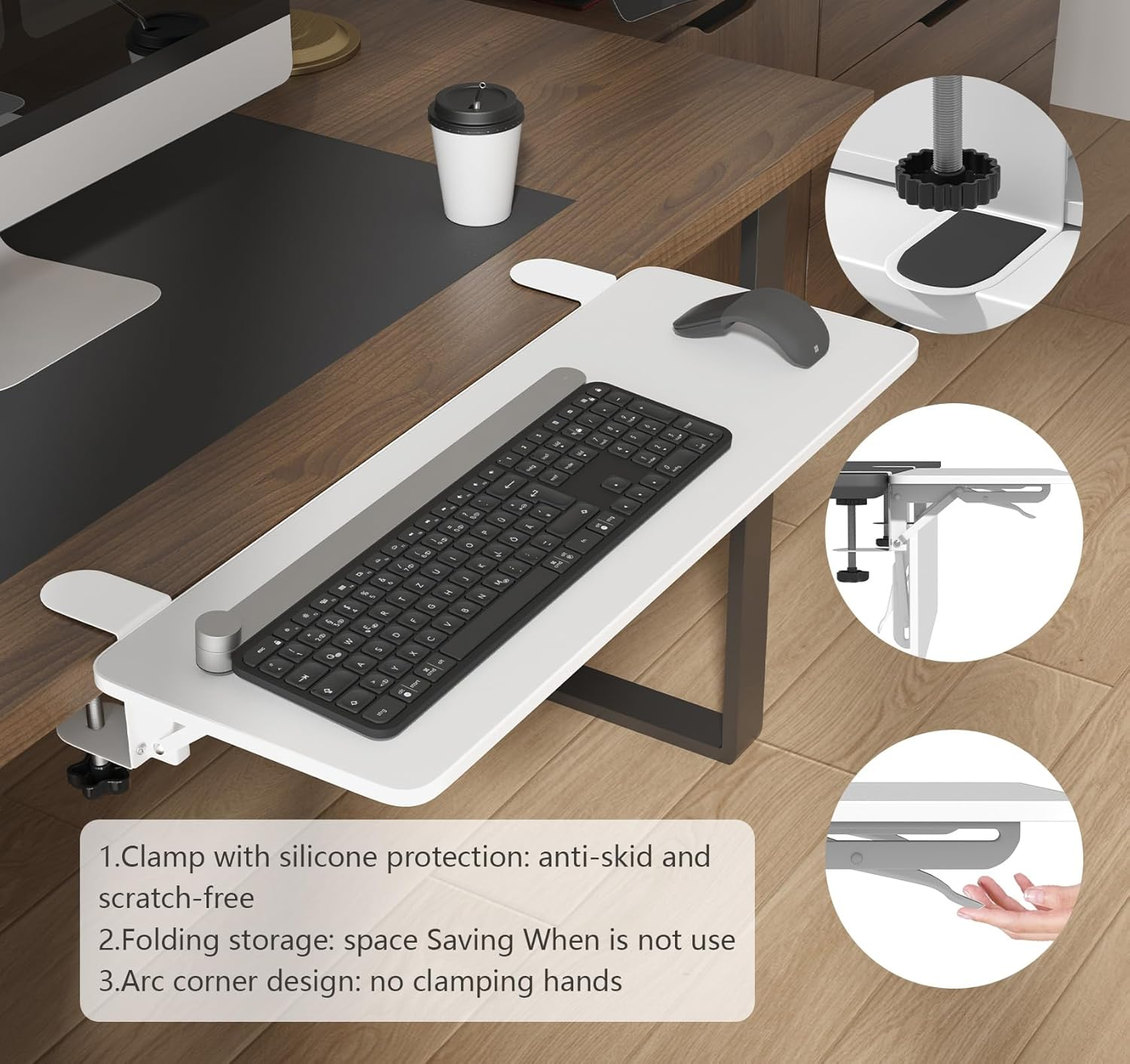 WYJREES Ergonomics Desk Extender Tray,30"X9.9" Table Mount Arm Rest Shelf,90&deg; Foldable Keyboard Tray Platform,Clamp on Computer Arm Rest for Desk,Desk Extension for Office Home Desks,White image number 5