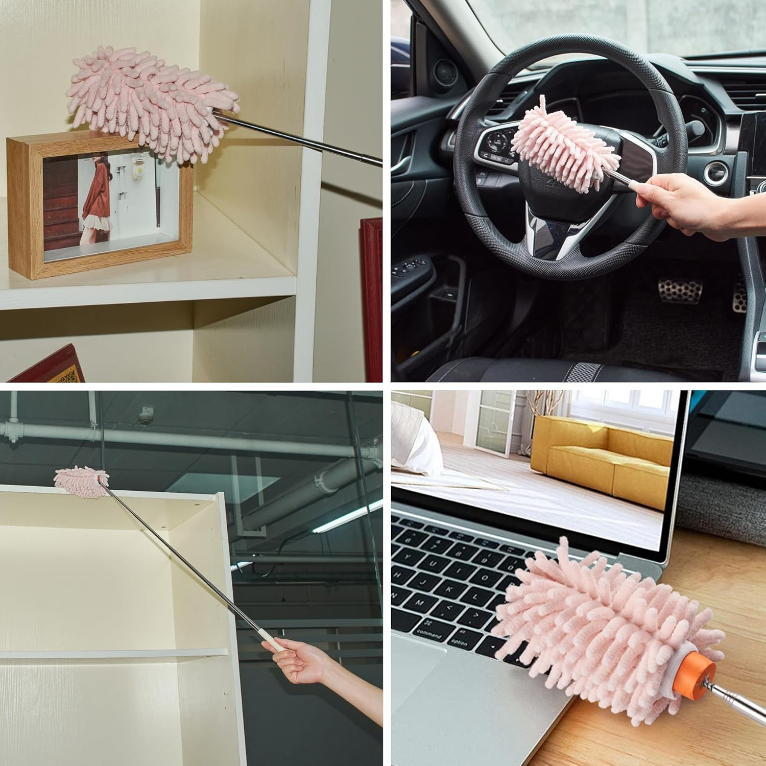 Aumohall Pink Retractable Microfiber Duster for Cleaning Extendable Feather Duster Household Cleaning Tool for Cleaning Car, Office, Window, Furniture - Pink image number 2