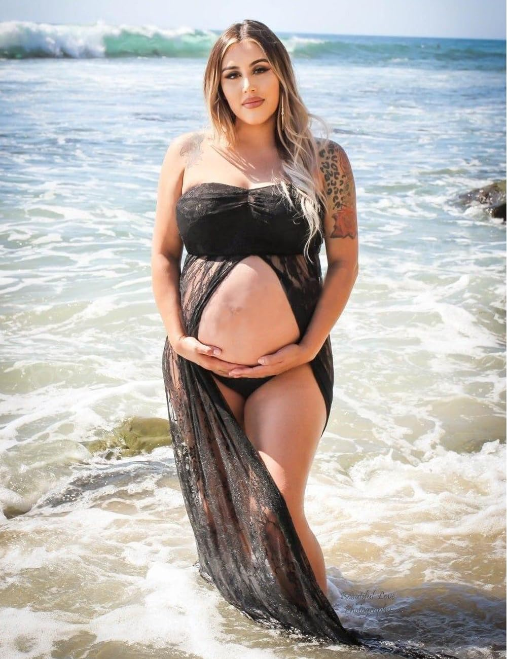 VSNOW Maternity off Shoulder Lace Photography Dress Front Split Sleeveless Maxi Chiffon Gown for Photoshoot image number 2