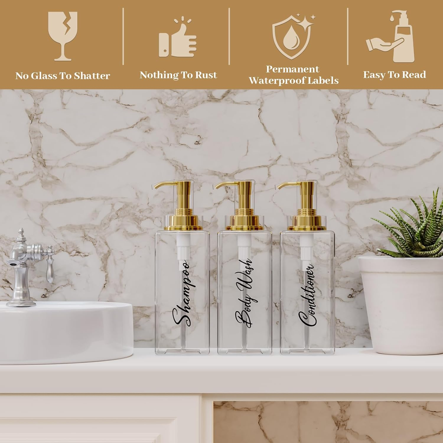 Akalin Shampoo and Conditioner Dispenser 16Oz, Set of 3 Refillable Shampoo and Conditioner Bottles with Pump, 3 Clear Body Wash Dispenser for Shower, Gold Soap Dispenser Bathroom (Clear) - White image number 2