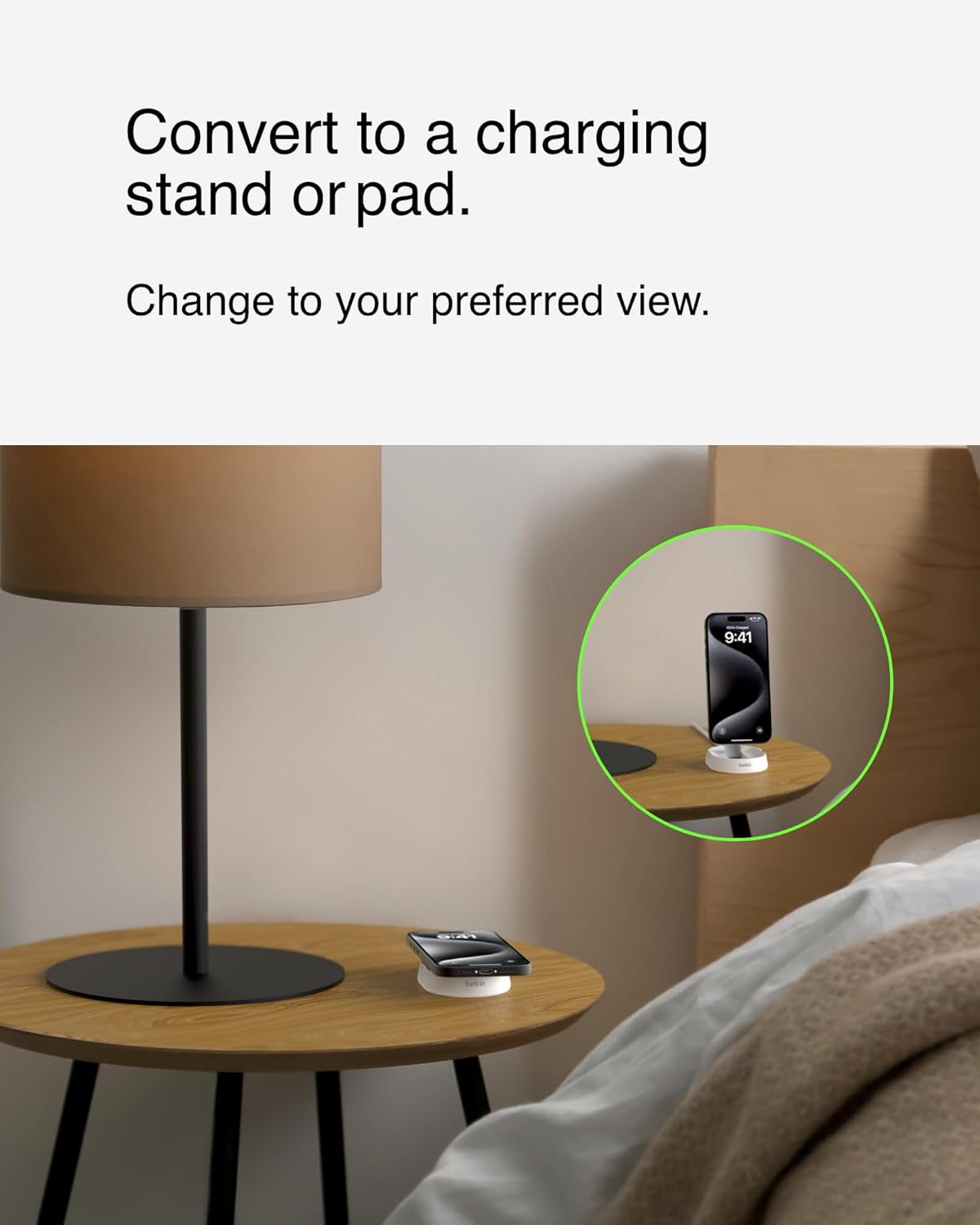 Belkin Boostcharge Pro 15W Convertible Magnetic Charging Stand, Magsafe-Compatible Fast Qi2 Charger for Apple Iphone 16/15/14/13 Series, Apple Airpods Pro, & More - White - Black image number 2