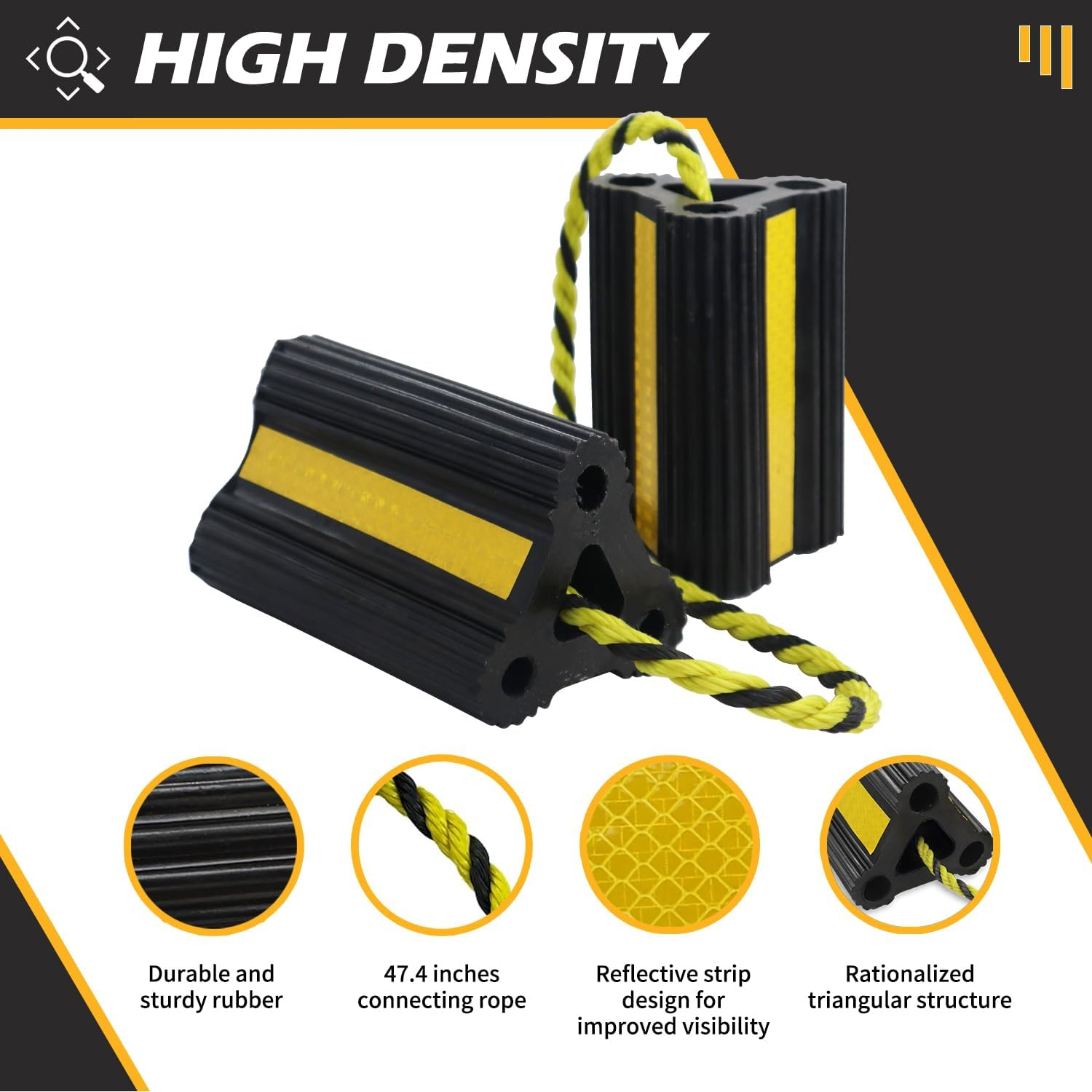 Wheel Chocks [2Pair/4Pack with Rope] for RV Trailer Camper Truck Car and Aircraft, Versatile Heavy Duty Rubber Wheel Chocks Block with 3 Reflective Strips, Tire Wheel Immobilizers & Chocks image number 4