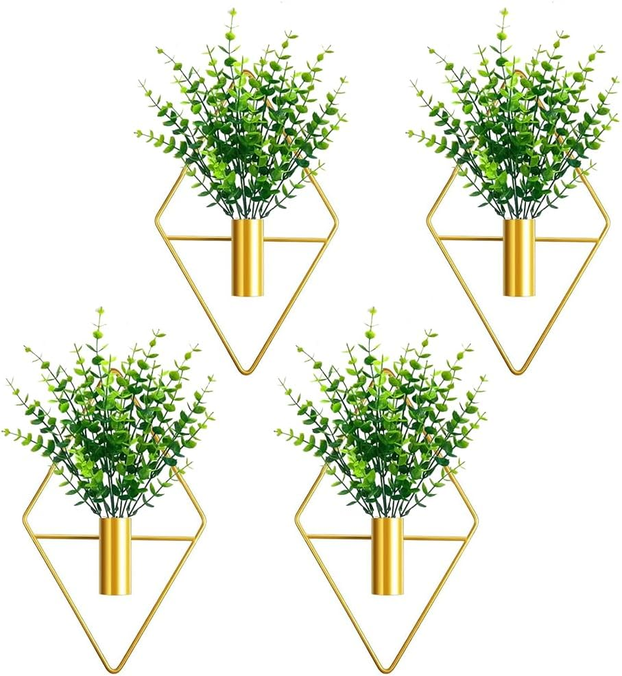 4 Pieces Plant Wall Decor, Hanging Metal Geometric Flower Stand, Home Decor, Indoor Artificial Plants for Home, Bedroom, Living Room, Office, Porch (Gold) image number 4
