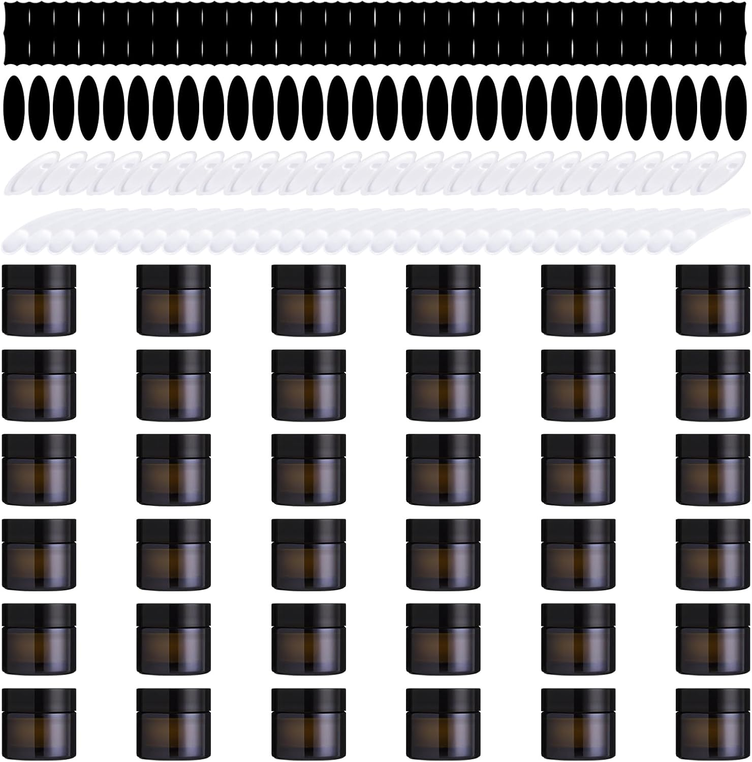 120Pcs 10G Amber Glass Jars Assortment Kit with Inner Liners and Black Lids, Spoons and Blank Labels for Storing Lip and Body Scrub, Lotion, Body Butter, Bath Salts image number 1