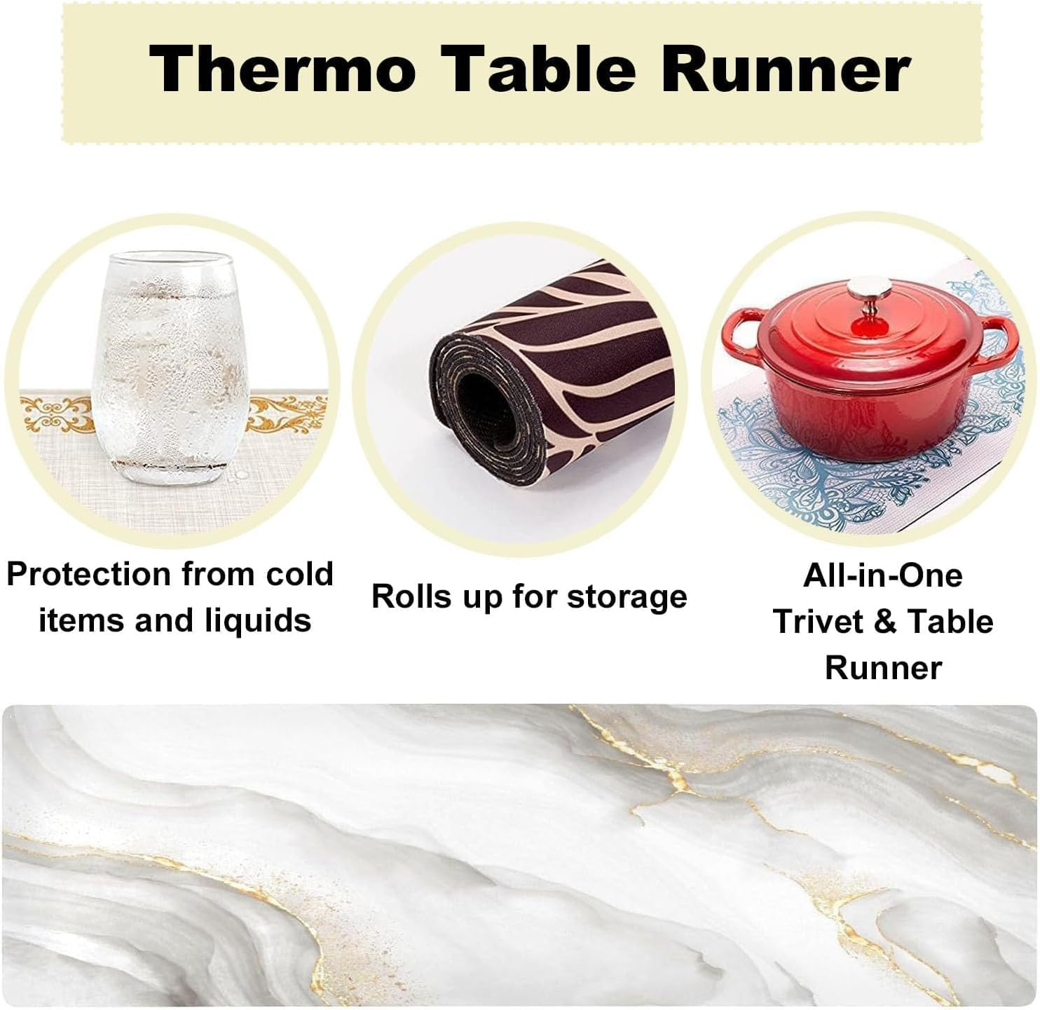 Thermo Heat Resistant Table Runner and Trivet for Hot Dishes - Waterproof Hot Plates to Protect Table and Countertop - Kitchen & Dining 350F Heat Protector 40" - White Golden Marble image number 1