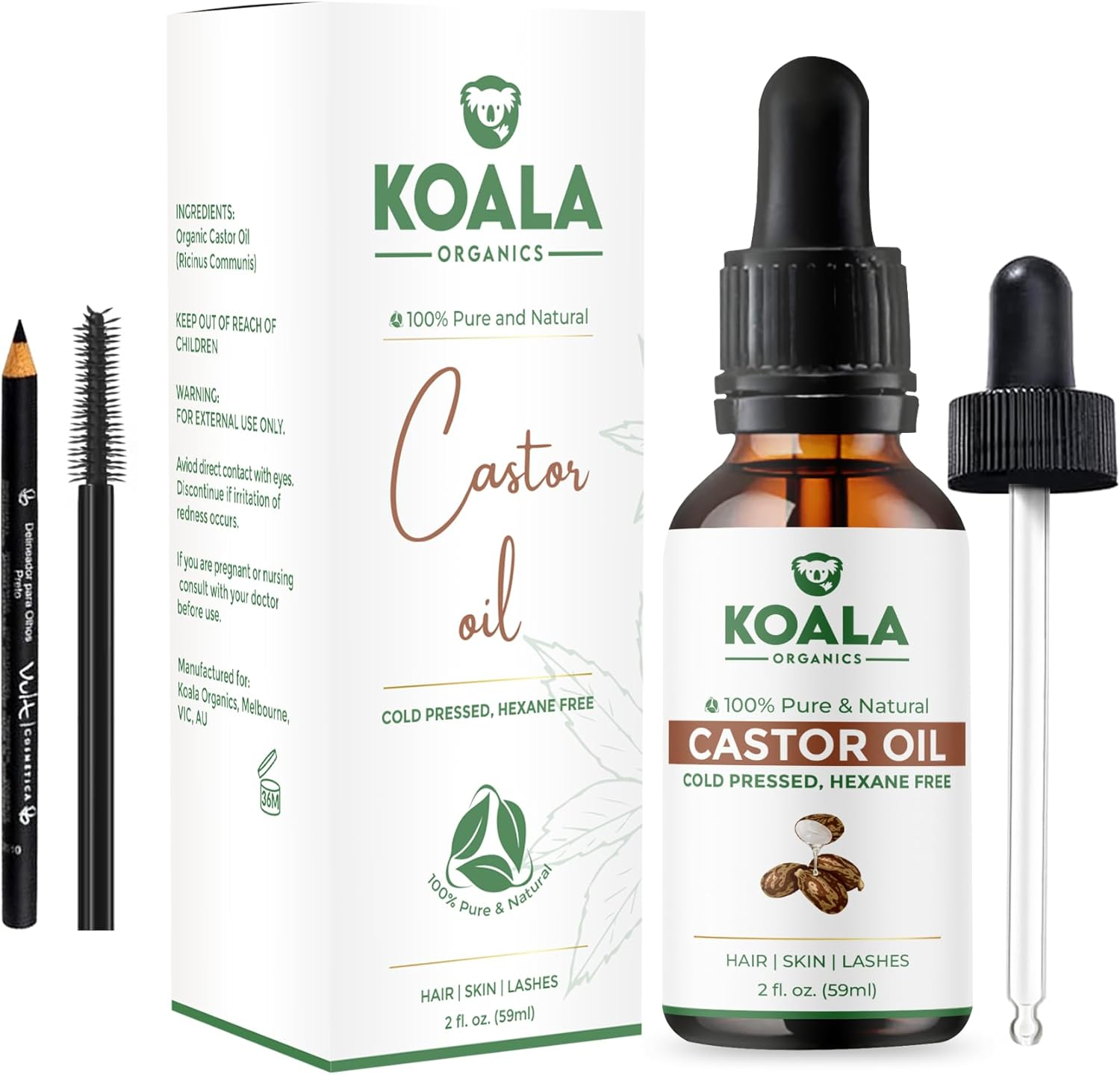 Koala Organics 100% Pure Castor Oil | Shop Local | Cold Pressed, Hexane-Free | Multipurpose Use for Skin, Hair & Scalp | 59 ML