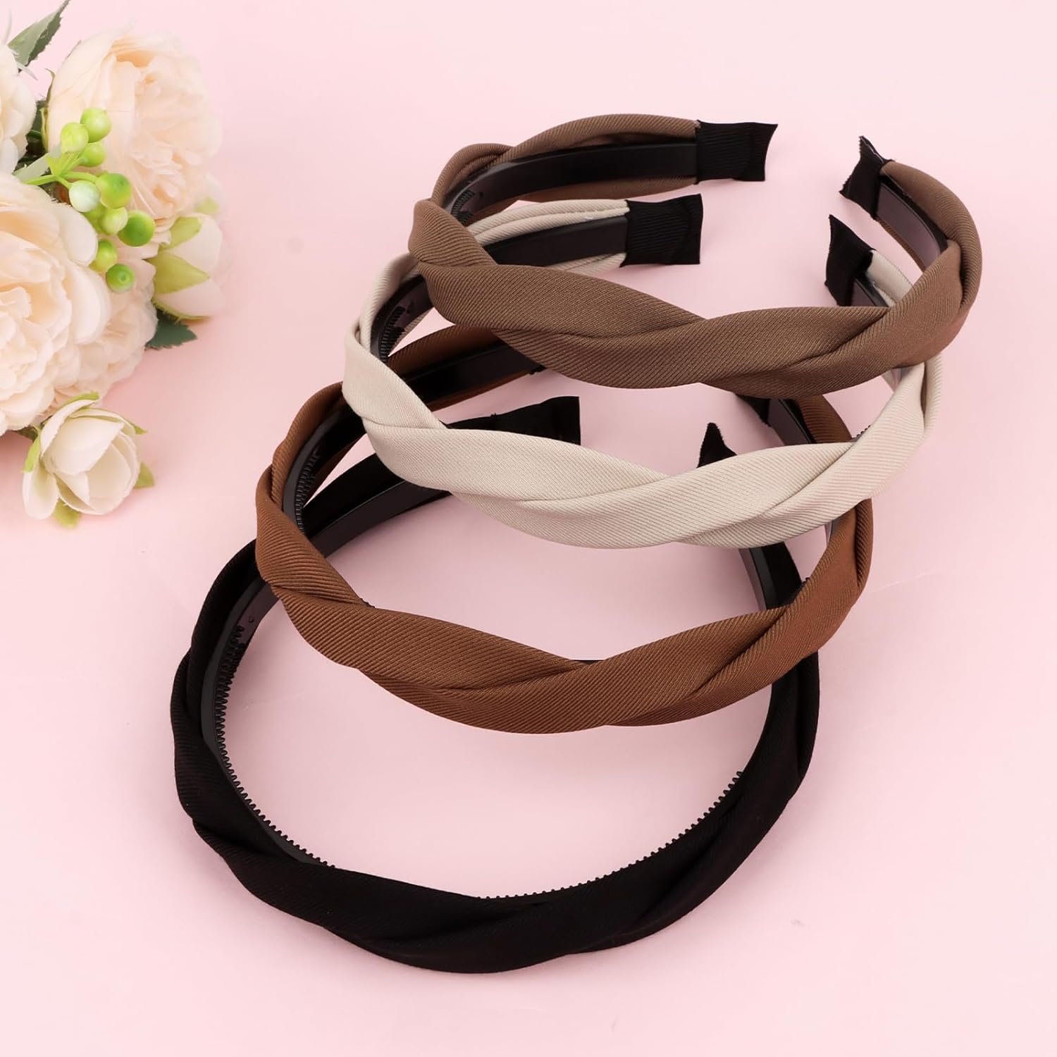 KIUEZIR Pack of 4 Criss-Cross Headbands - Earth Tone Mix with Non-Slip Comb and Ends, Twisted Hair Bands for Women, Fashion Accessories, Perfect for Everyday/Training/Styling, Thin/Thick Hair