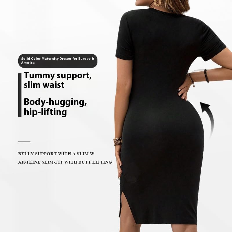 Women'S Maternity Dress, round Neck, Knee Length, Black, Casual Wear