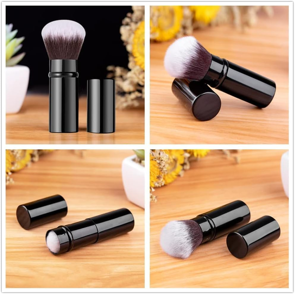 Black Retractable Make-Up Brush, 2Pcs Travel Face Blush Brushes with Cover, Telescopic Make-Up Brush Big Makeup Brushes, Retractable Kabuki Makeup Brushes with Flat and round Top image number 3