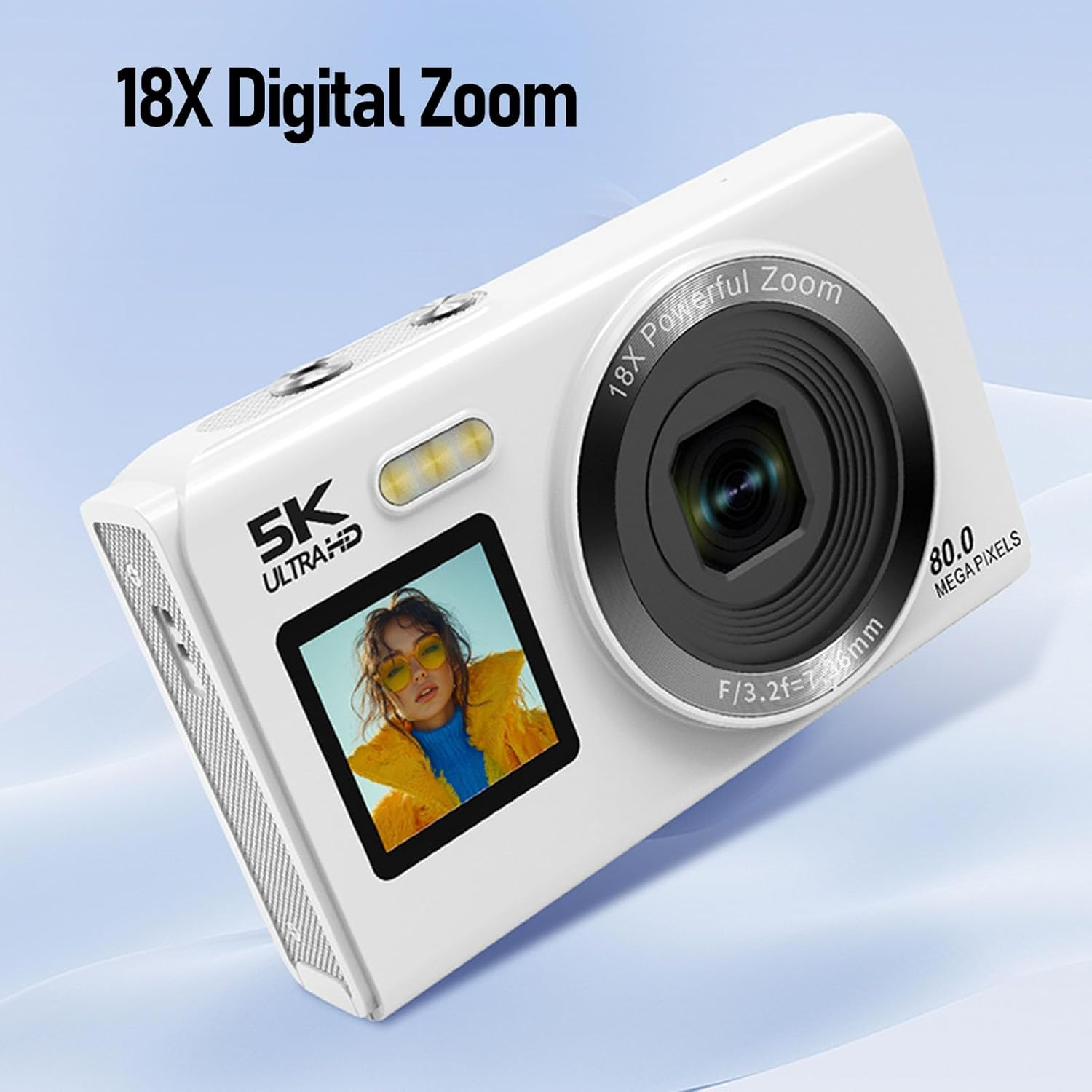5K Digital Camera with 80MP Dual Screen, 18X Zoom, Wifi, Auto Focus, Built-In Flash, 2.8In & 1.5In Display, Vlogging Camera for Teens, Travel, Streaming, Photography (White) - Black image number 6