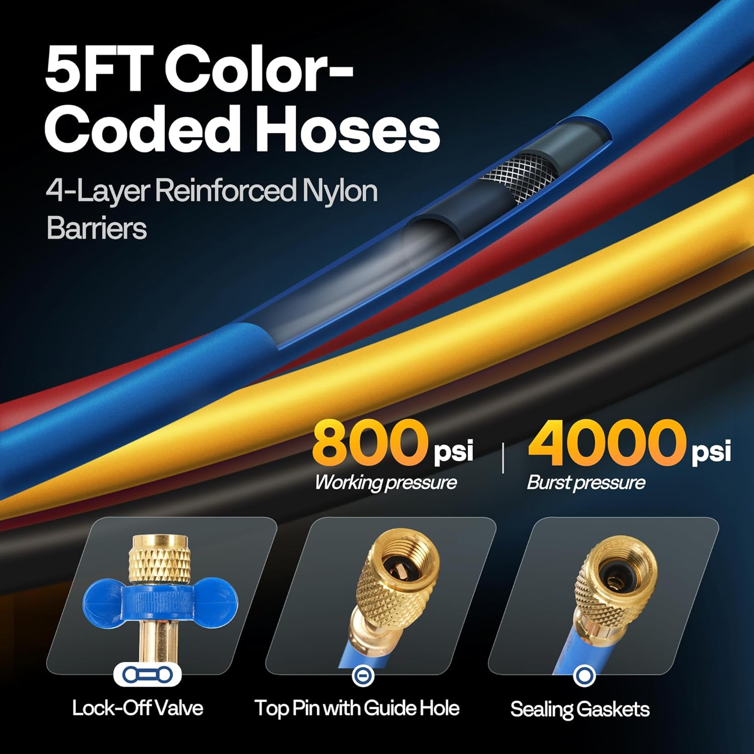VIVOHOME HVAC Manifold Gauge Set for R134A R410A R22 R32 Refrigerant, 4 Valve Automotive AC Gauges with 5Ft Hoses for Car Freon Charging and Evacuation image number 2