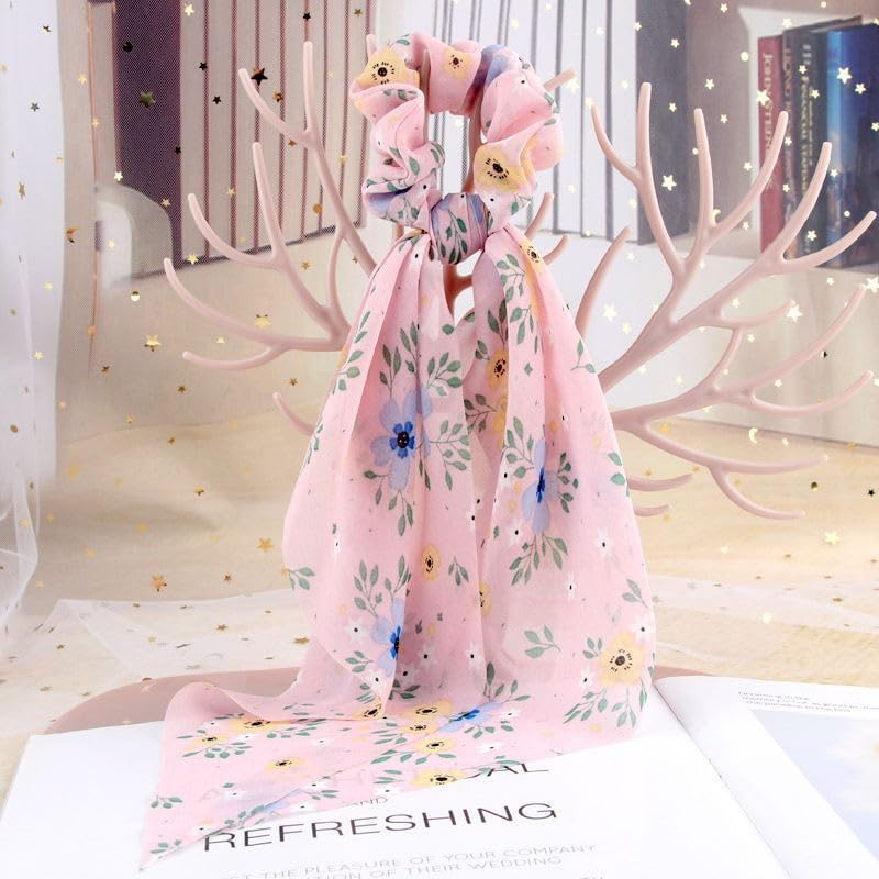 LALOCAPEYO Hair Scarf Scrunchies for Women, 3Pcs Floral Bow Hair Scrunchies, Elastic Hair Scarf Hair Ties, Hair Ribbon Scarf Scrunchies, Ponytail Holder for Women, Hair Accessories for Girls
