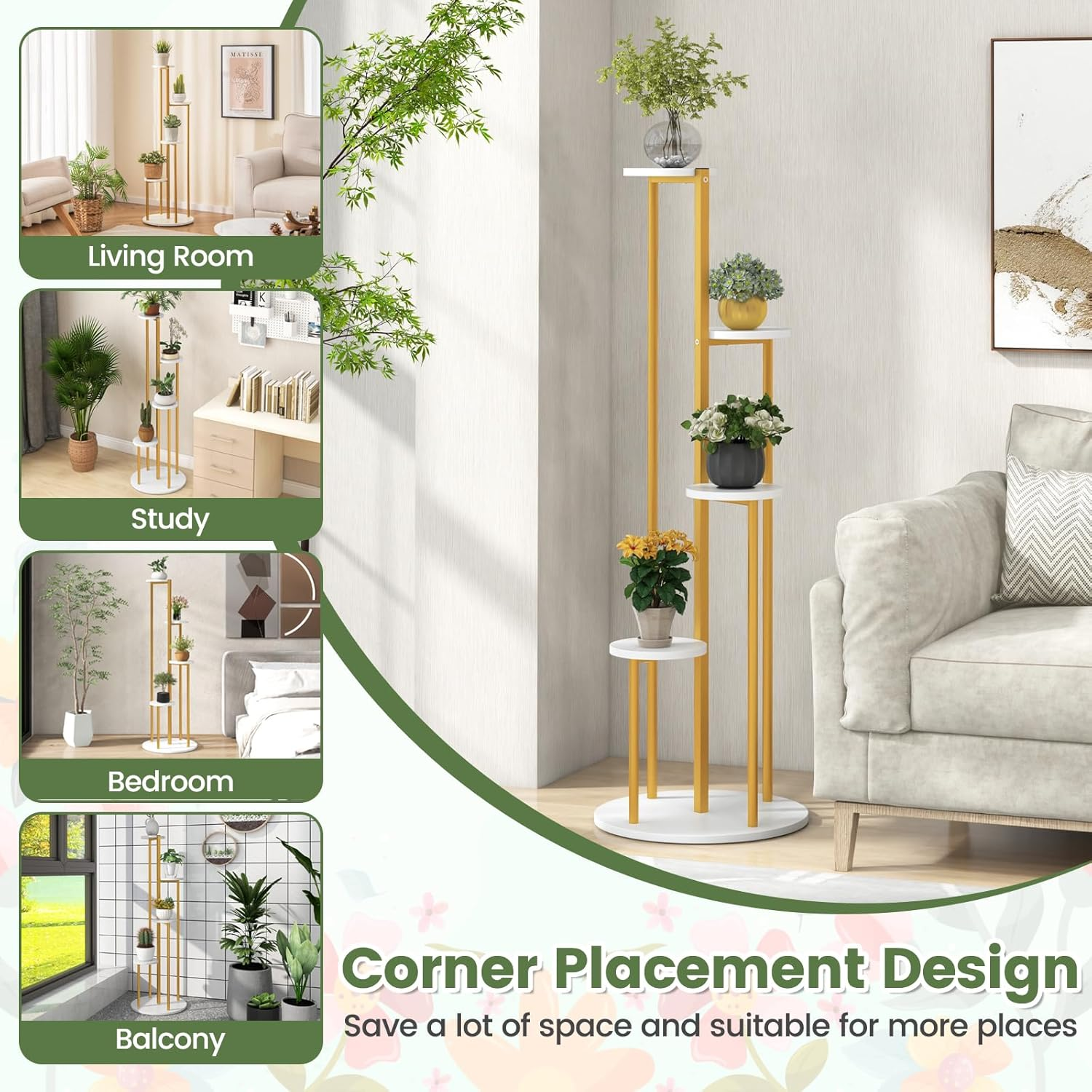 Costway Indoor Metal Plant Stand, 125 CM Tall Corner Plant Shelf for Potted Plant, Heavy-Duty Tiered Plant Holder W/ Golden Metal Frame, Decorative Display Shelf for Home Office Balcony Living Room image number 4
