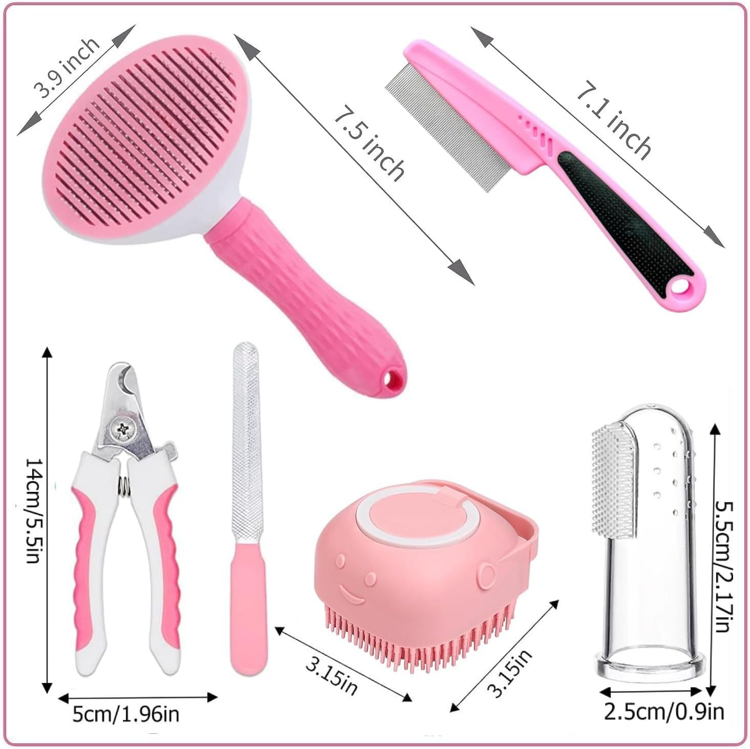 7Pcs Pet Grooming Kit, Self-Cleaning Brush Shedding Kit with Nail Clipper, Flea Comb, Shampoo Bath Brush, Finger Toothbrush, Storage Bag (Pink) image number 5