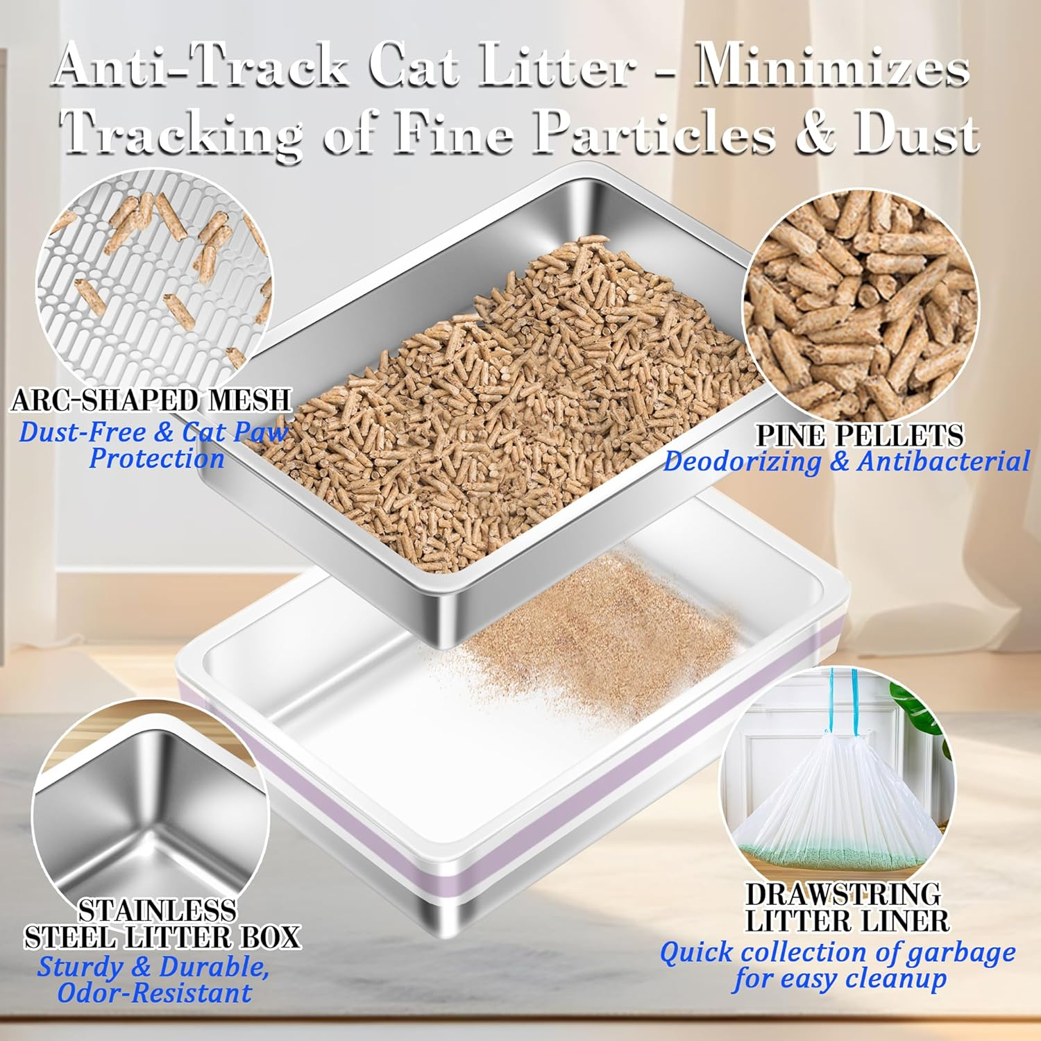 Stainless Steel Sifting Small Cat Litter Box for Pine Pellets,Metal Kitten Litter Box Sifter Pan with Litter Scoop, Low Dust, Odor Control, Easy Cleaning image number 6